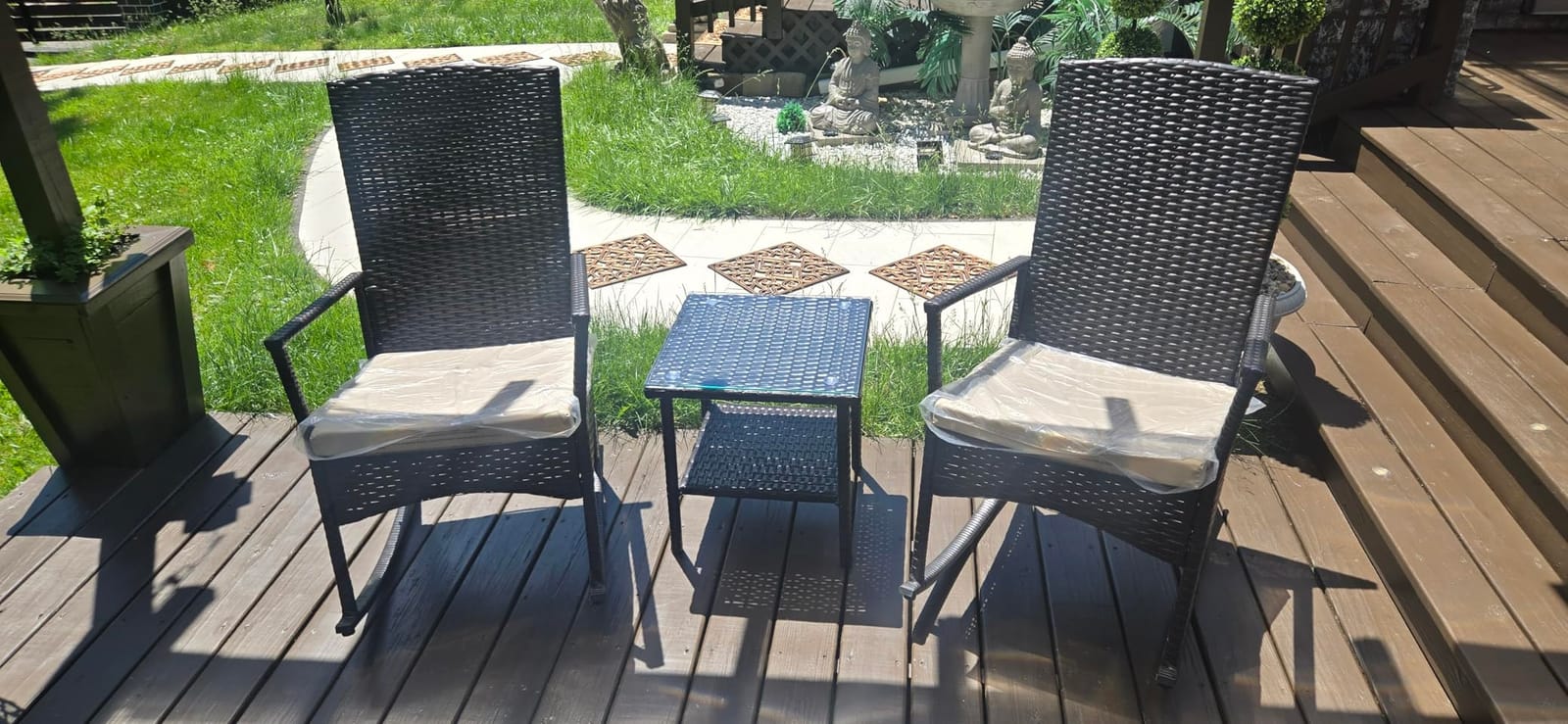 Outdoor HDPE Wicker Rocking Chair 3-Piece Patio Rattan Bistro Set 2 Rocker Armchair and Glass Coffee Side Table Furniture Washable Lacing Cushions, Khaki customer photo 1