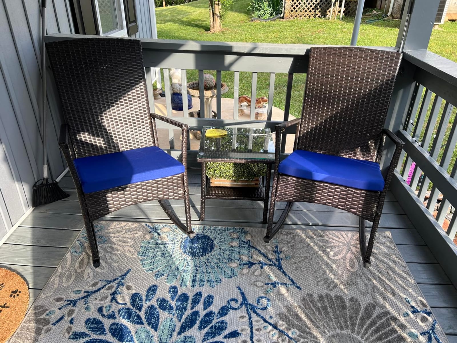 Outdoor HDPE Wicker Rocking Chair 3-Piece Patio Rattan Bistro Set 2 Rocker Armchair and Glass Coffee Side Table Furniture Washable Lacing Cushions, Khaki customer photo 2