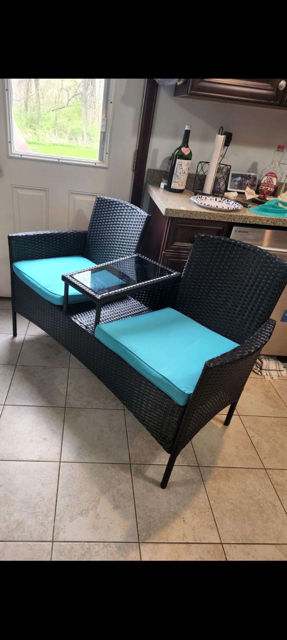Tangkula Wicker Patio Conversation Furniture Set, Outdoor Furniture Set with Removable Cushions & Table, Tempered Glass Top, Modern Rattan Bench for Garden Lawn Backyard (White) customer photo 1