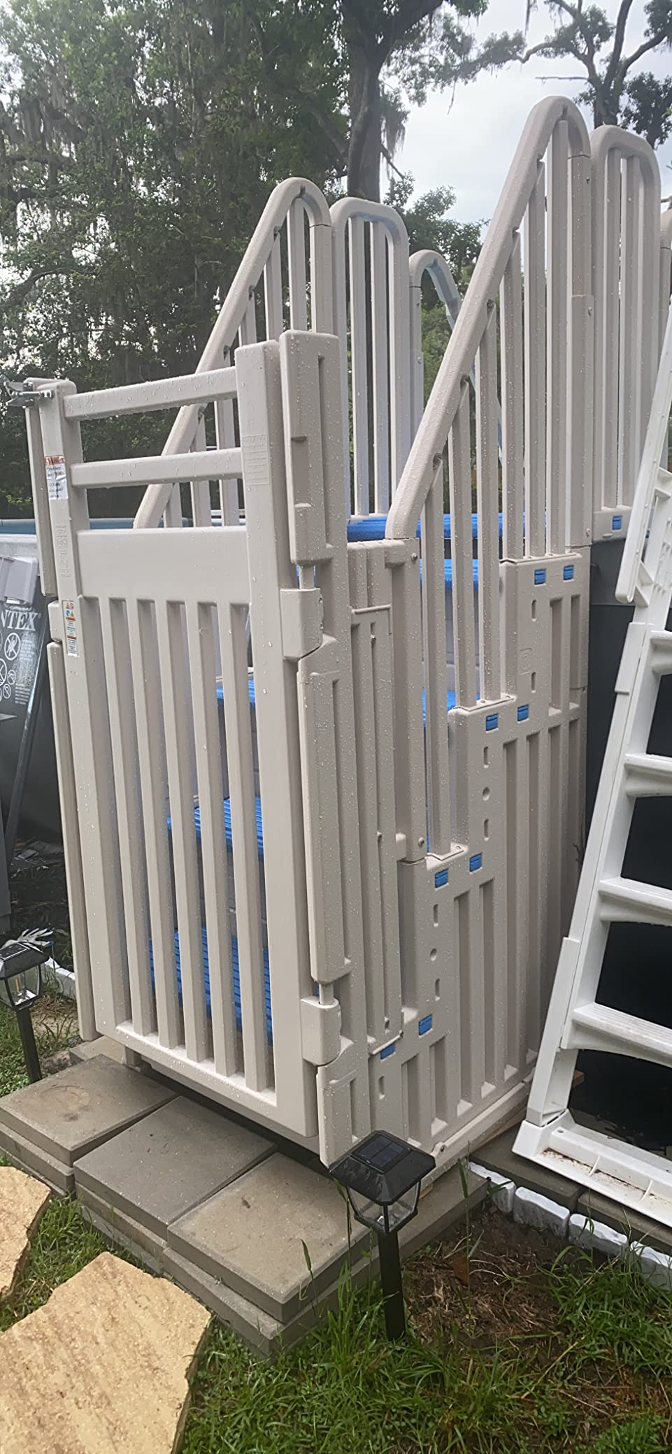 Confer Plastics Step Enclosure System: Above Ground Entry System, Dual Handrails, Slip-Resistant Steps, Supports 400 lbs, Easy Install – Made in USA, Warm Grey with Blue Step-1X Treads customer photo 2