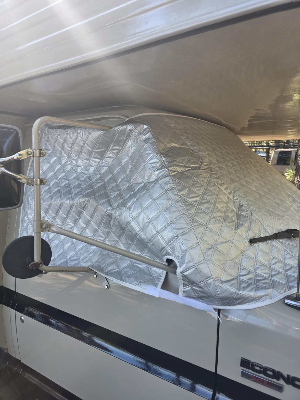 BougeRV RV Windshield Window Snow Cover Fit for Class C Ford E450 1997-2026 | Motorhome Windshield Cover for Ice and Snow Front Window Sunshade Cover RV Accessories 4 Layers with Mirror Cutouts, Silver customer photo 2