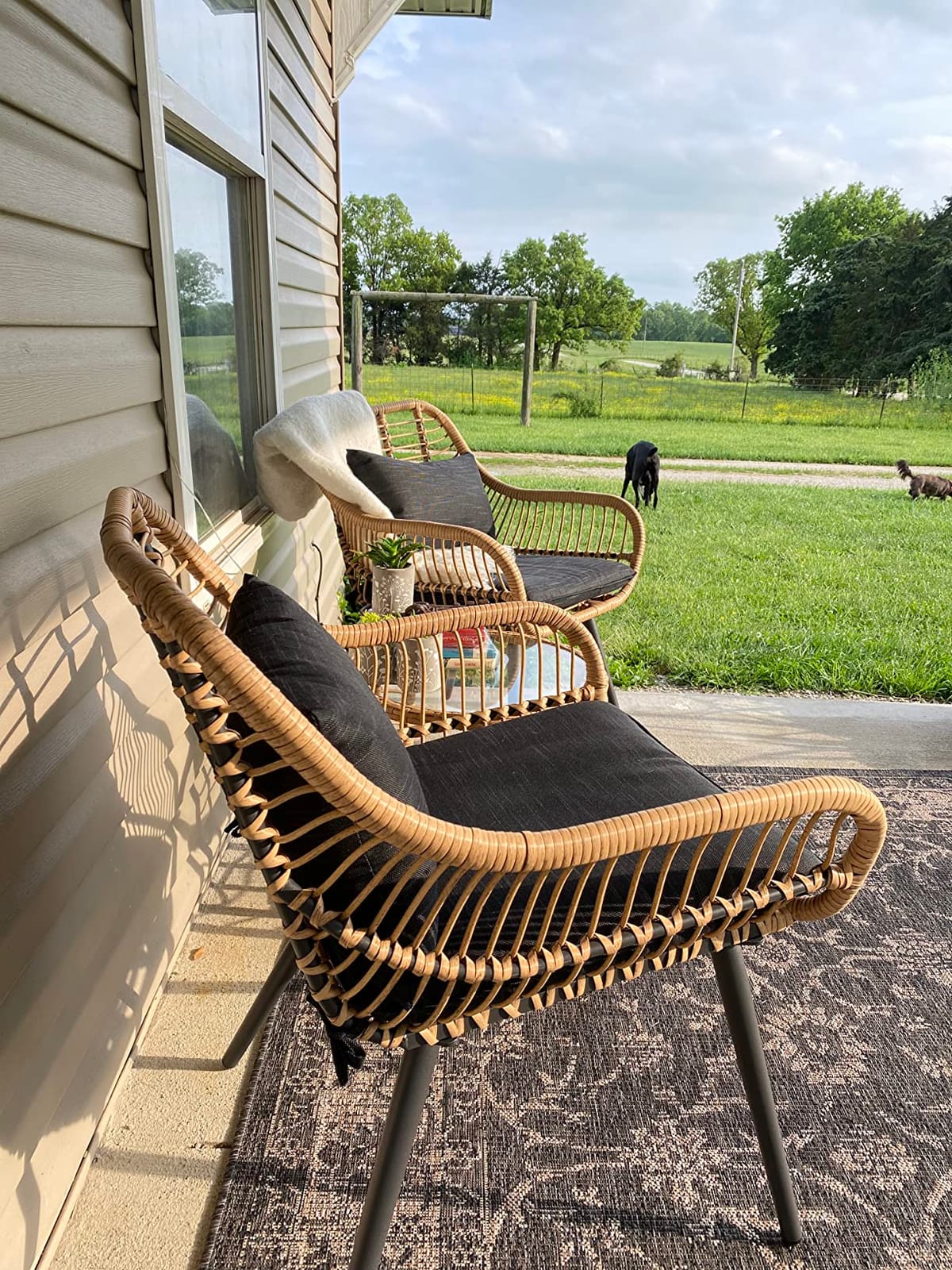 JOIVI 3 Piece Wicker Patio Bistro Set, Small Patio Conversation Set, Black | All-Weather Outdoor Bistro Chairs and Tempered Glass Top Side Table Set, w/Seat Cushions, Ideal for Balcony, Porch, Backyard customer photo 2