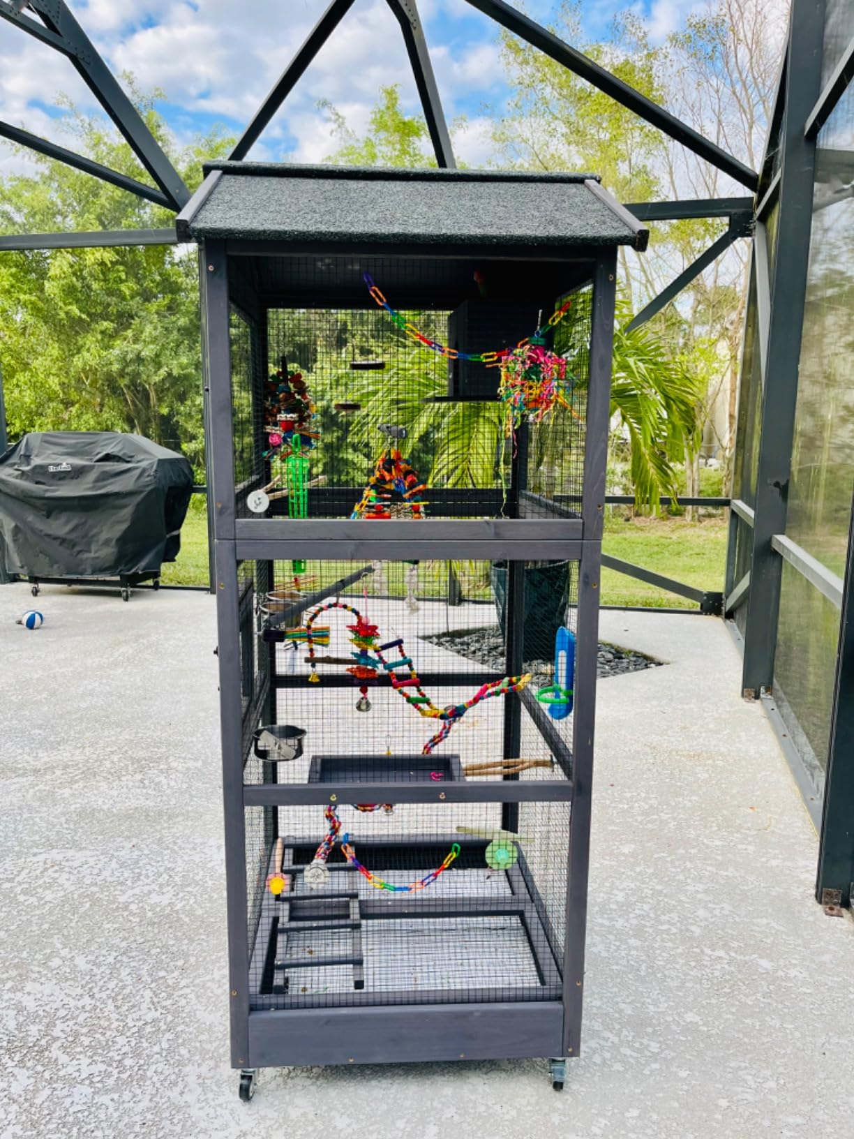 GUTINNEEN Outdoor Bird Aviary Wooden Large Bird Cage on Wheels, Featuring Play Stand, Perches, Nest Habitat, Include Wire Mesh Above Bottom Tray Easy to Clean customer photo 1
