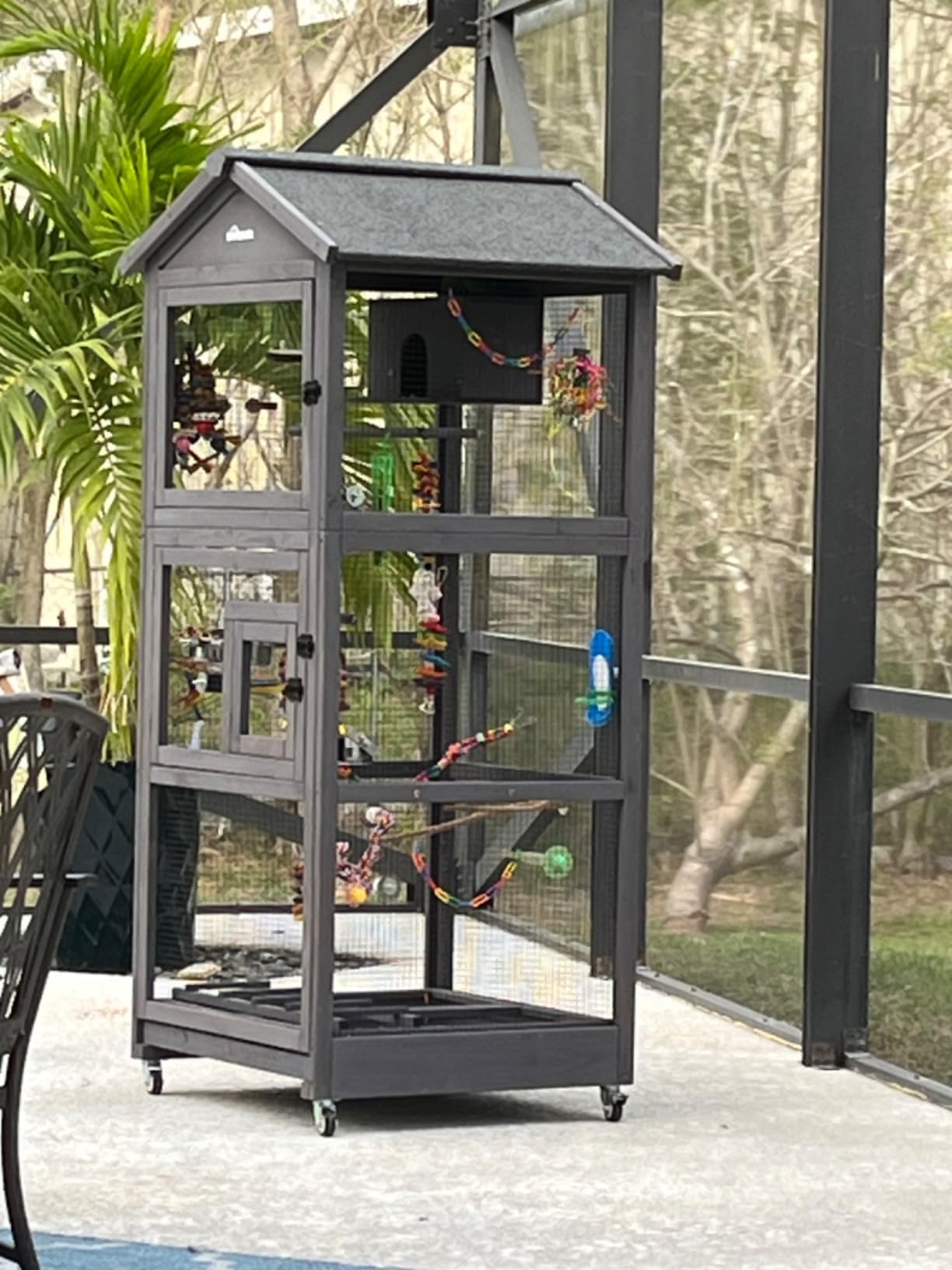 GUTINNEEN Outdoor Bird Aviary Wooden Large Bird Cage on Wheels, Featuring Play Stand, Perches, Nest Habitat, Include Wire Mesh Above Bottom Tray Easy to Clean customer photo 2