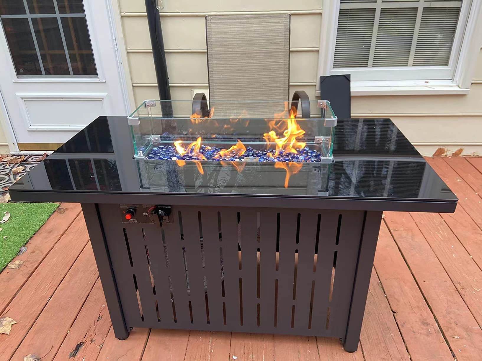Lausaint Home Propane Fire Pit Table 43 Inch with Lid, 60,000 BTU Gas Fire Pits for Outside Patio with Glass Wind Guard, Dark Black customer photo 1