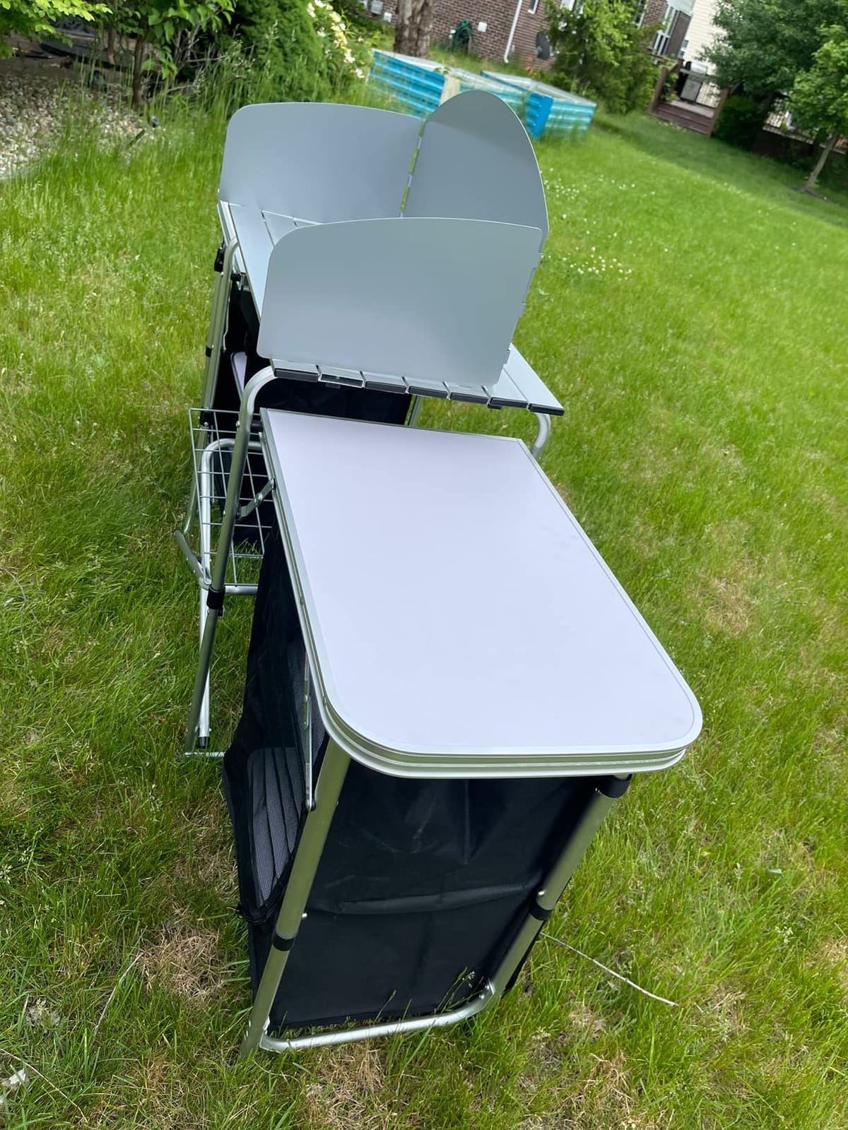Goplus Folding Camping Kitchen Table with Storage, Aluminum Portable Outdoor Cooking Table with Windscreen, Foldable Camp Table Cook Station for BBQ, Grill, Party, Picnics, 68D x 19W x 43.5H in, Black customer photo 1