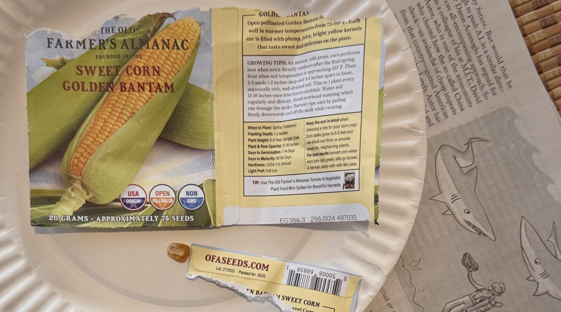 The Old Farmer's Almanac Heirloom Sweet Corn Seeds (Golden Bantam) - Approx 75 Seeds - Non-GMO, Open Pollinated, USA Origin customer photo 1