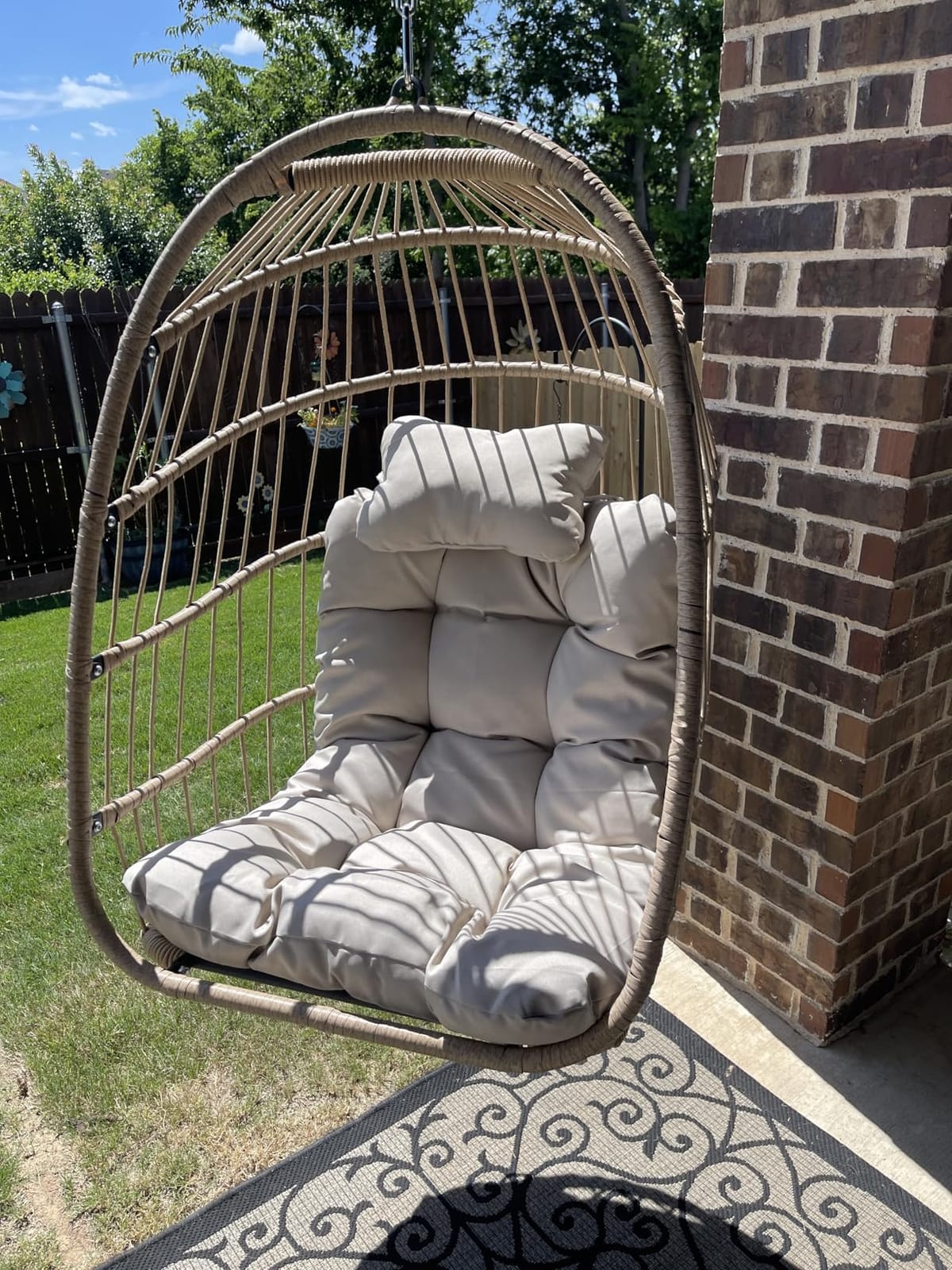 Nicesoul Outdoor Hanging Egg Chair Without Stand, Patio Wicker Swing Egg Basket Chairs with Padded Cushion, 350 Lbs Comfy Cozy Ceiling Tree Swinging Egg-Shaped Chair No Stand for Indoor Balcony, Beige customer photo 2