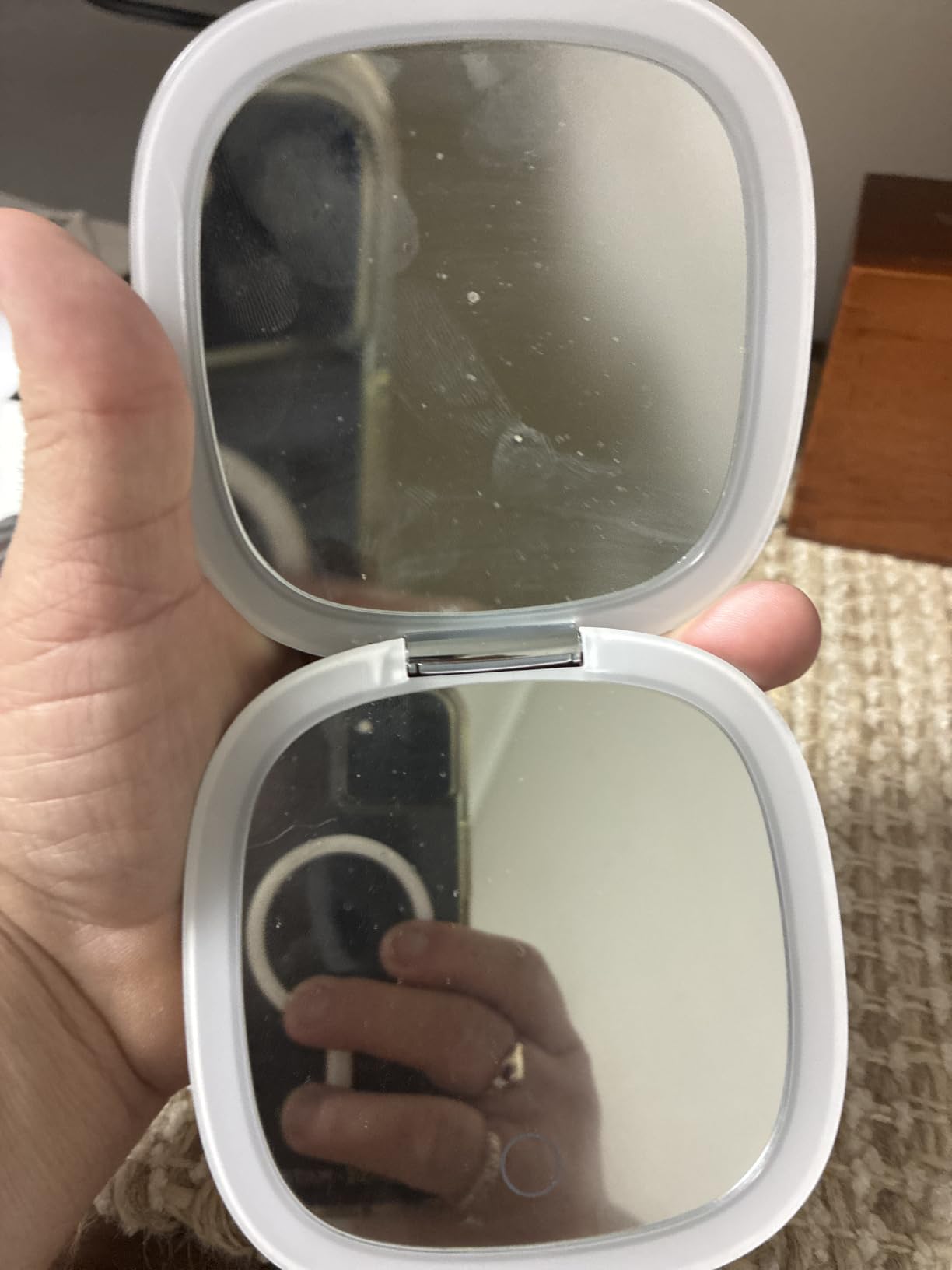 Mocado Compact LED Magnifying Travel Makeup-Mirror - 4 inches 1X/10X Magnification Small Hand Pocket Dimmable Double Sided USB Rechargeable Touch Screen, Portable Tabletop Cosmetic (White) customer photo 2