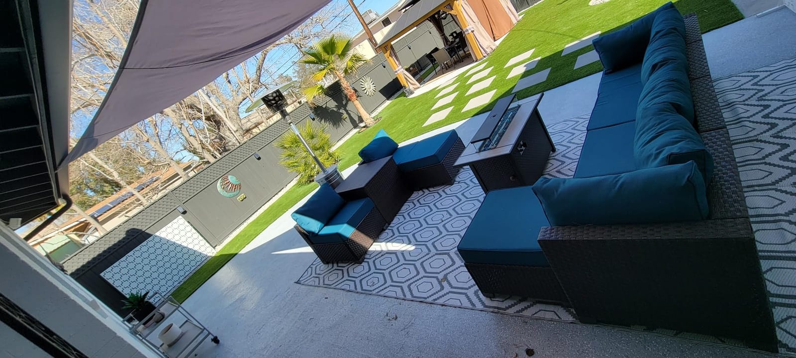 Lviden 10 Pieces Wicker Patio Furniture Set with Patio Glass Table Outdoor Sectional Conversation Sofa Set with 43 inches Fire Pit Table and Non-Slip Cushione, Navy Blue customer photo 1