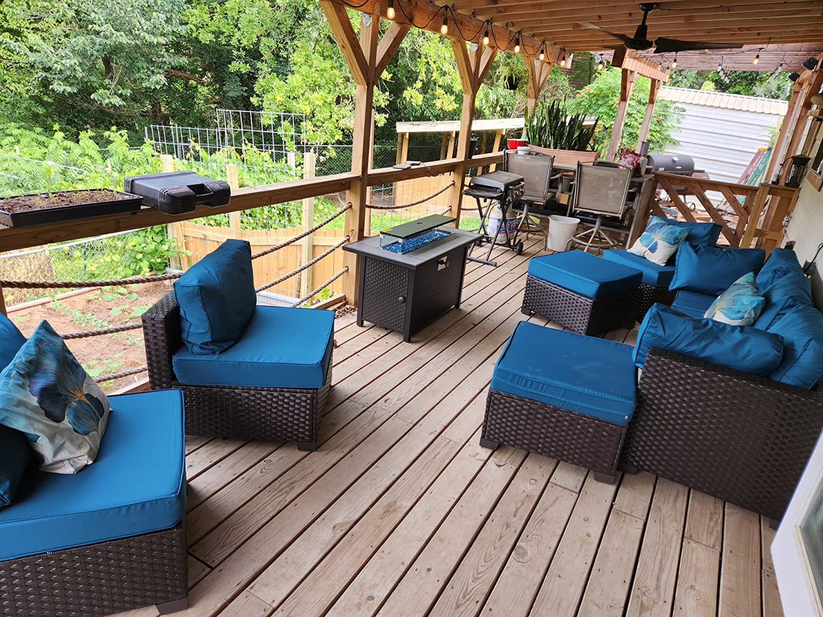 Lviden 10 Pieces Wicker Patio Furniture Set with Patio Glass Table Outdoor Sectional Conversation Sofa Set with 43 inches Fire Pit Table and Non-Slip Cushione, Navy Blue customer photo 2