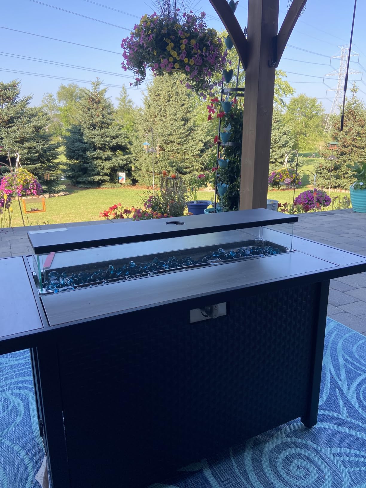 Rattaner 45 Inch Fire Table for Outside 60000 BTU Steel Gas Pit Outdoor with Woodgrain Marble Tabletop Glass Wind Guard Cover and Blue Crystal Beads customer photo 1