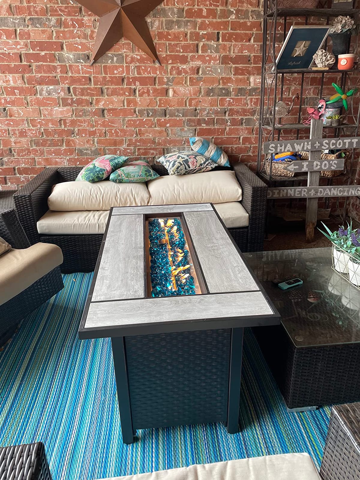 Rattaner 45 Inch Fire Table for Outside 60000 BTU Steel Gas Pit Outdoor with Woodgrain Marble Tabletop Glass Wind Guard Cover and Blue Crystal Beads customer photo 2
