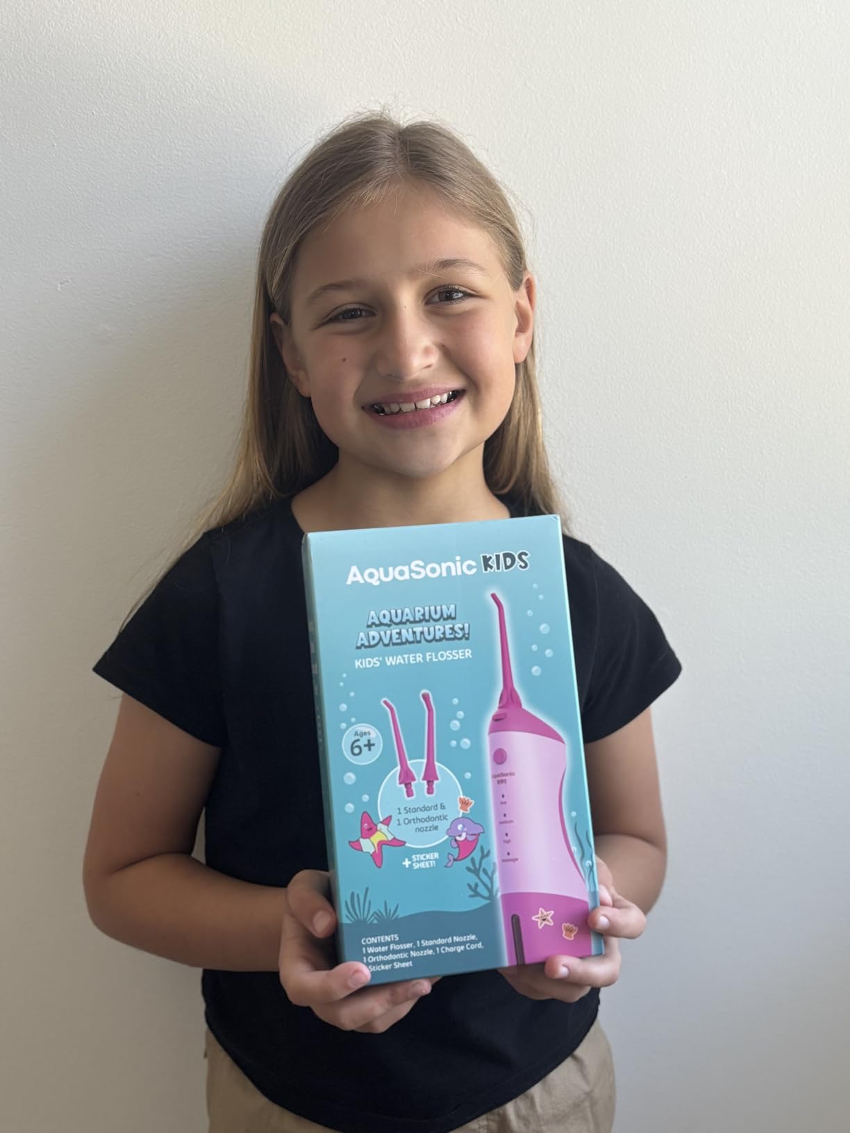 AquaSonic Kids' Water Flosser for Ages 6+ | Standard Nozzle, Orthodontic Nozzle & Waterproof Stickers | 4 Flossing Modes | Aquarium Adventures Theme (Blue) customer photo 1