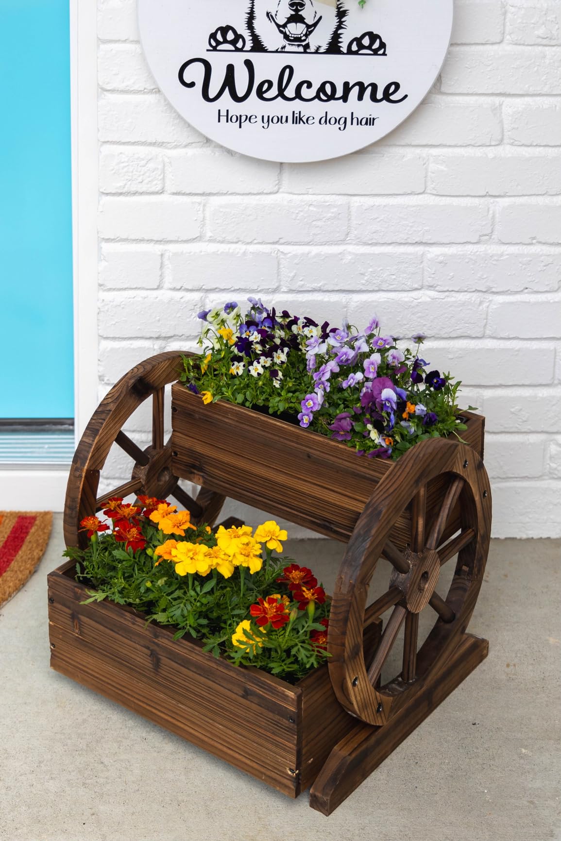 OIPRTGFJ Wooden Wagon Planter Box, Garden Planter with Wheels, Decorative Planter for Flowers Herbs Vegetables for Indoor & Outdoor Decor, Flower Cart for Patio Garden Balcony customer photo 2