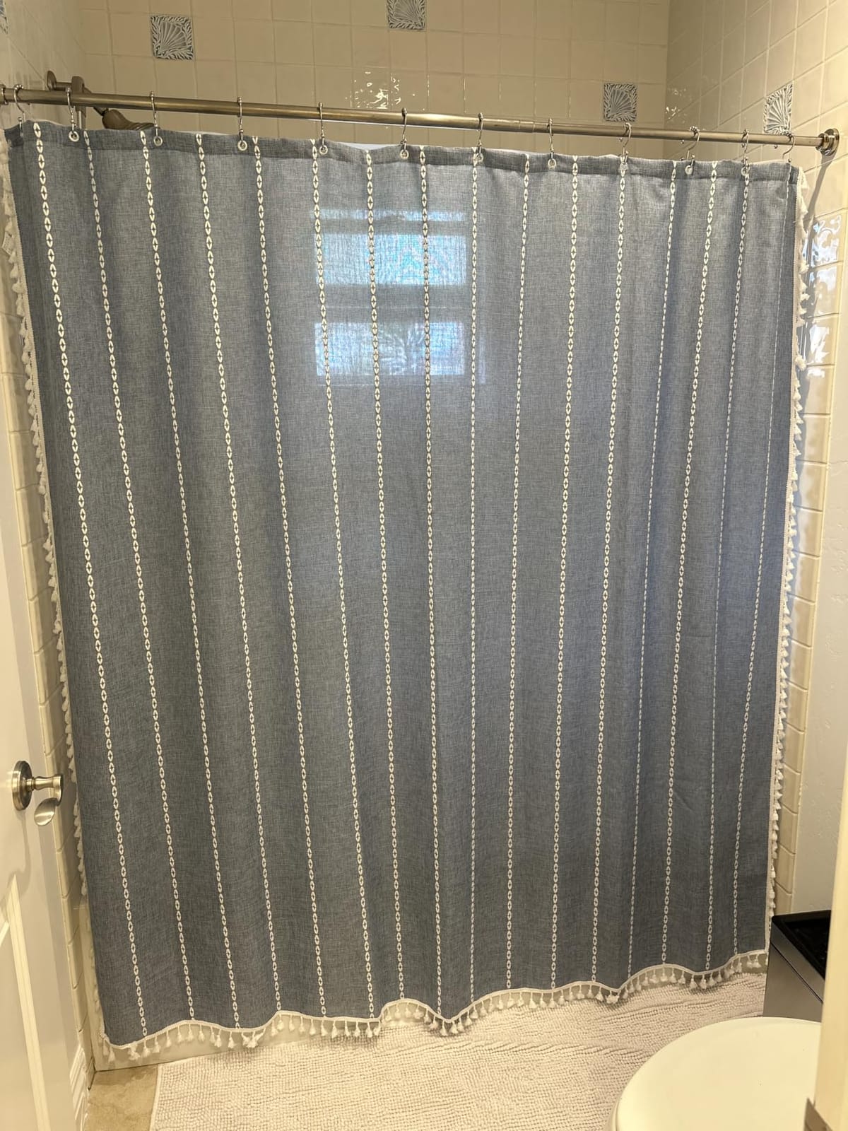 BTTN Cream Boho Farmhouse Linen Heavy Duty Shower Curtain Set, 72x72, Beige | 330GSM Linen Blend, Water Repellent, Vintage Striped Fabric, 12 Plastic Hooks, Rustic Country, Machine Washable, for Bathroom customer photo 1