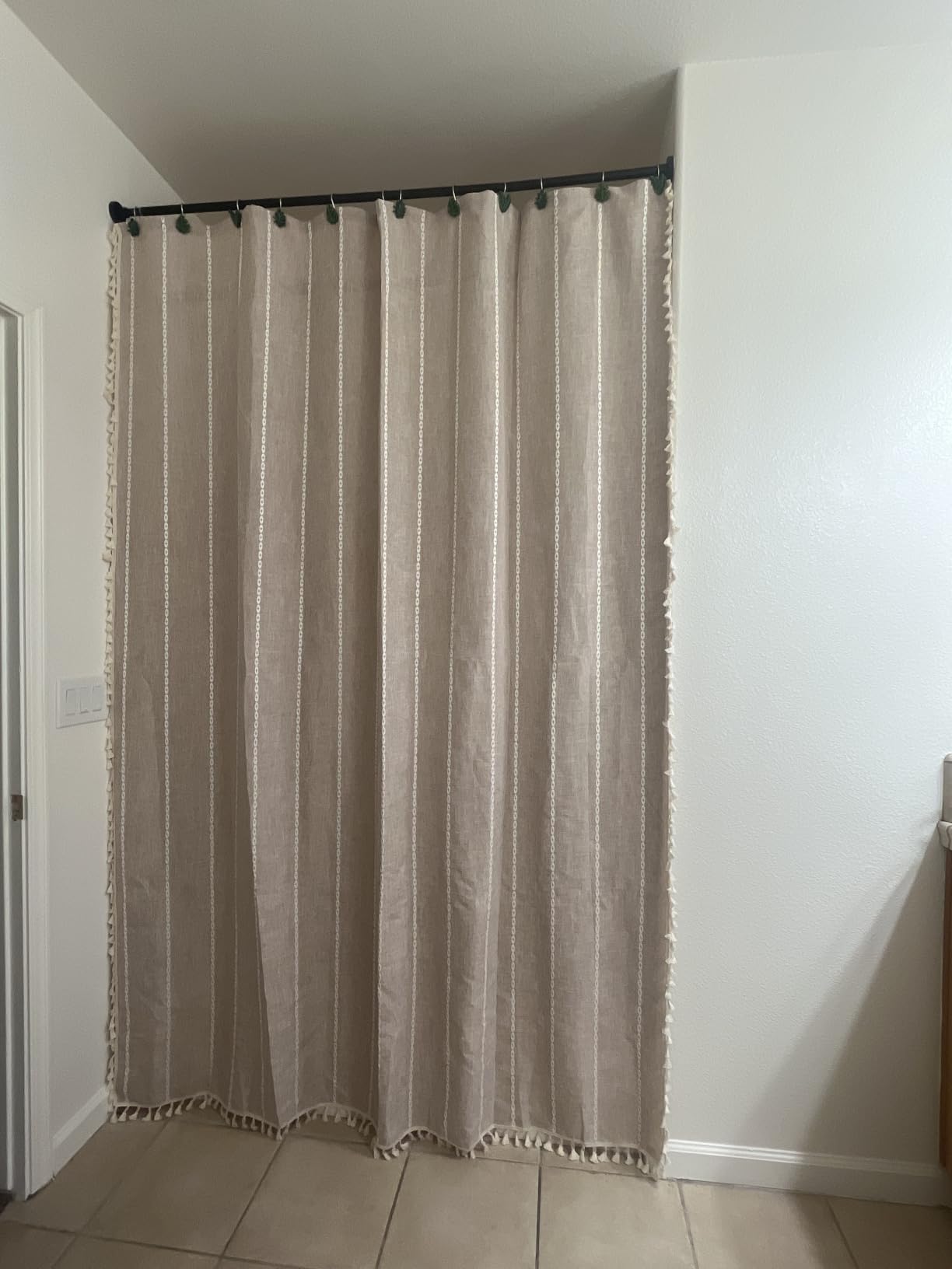 BTTN Cream Boho Farmhouse Linen Heavy Duty Shower Curtain Set, 72x72, Beige | 330GSM Linen Blend, Water Repellent, Vintage Striped Fabric, 12 Plastic Hooks, Rustic Country, Machine Washable, for Bathroom customer photo 2