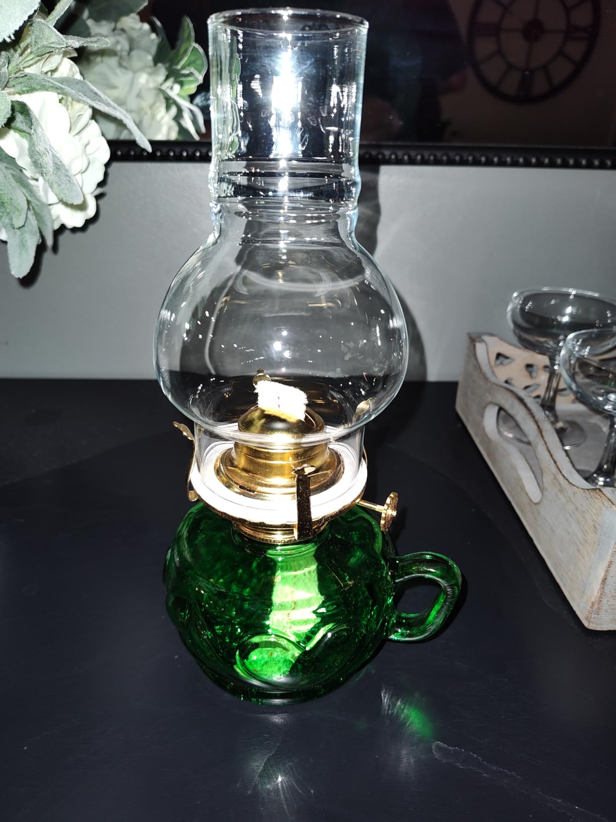 Vintage Green Kerosene Lamp with Handle Color Glass Oil Lamps for Indoor Use Large Indoor Decorative Oil Lamp Hurricane Lamp Lantern for Tabletop Decor Emergency Lighting customer photo 1
