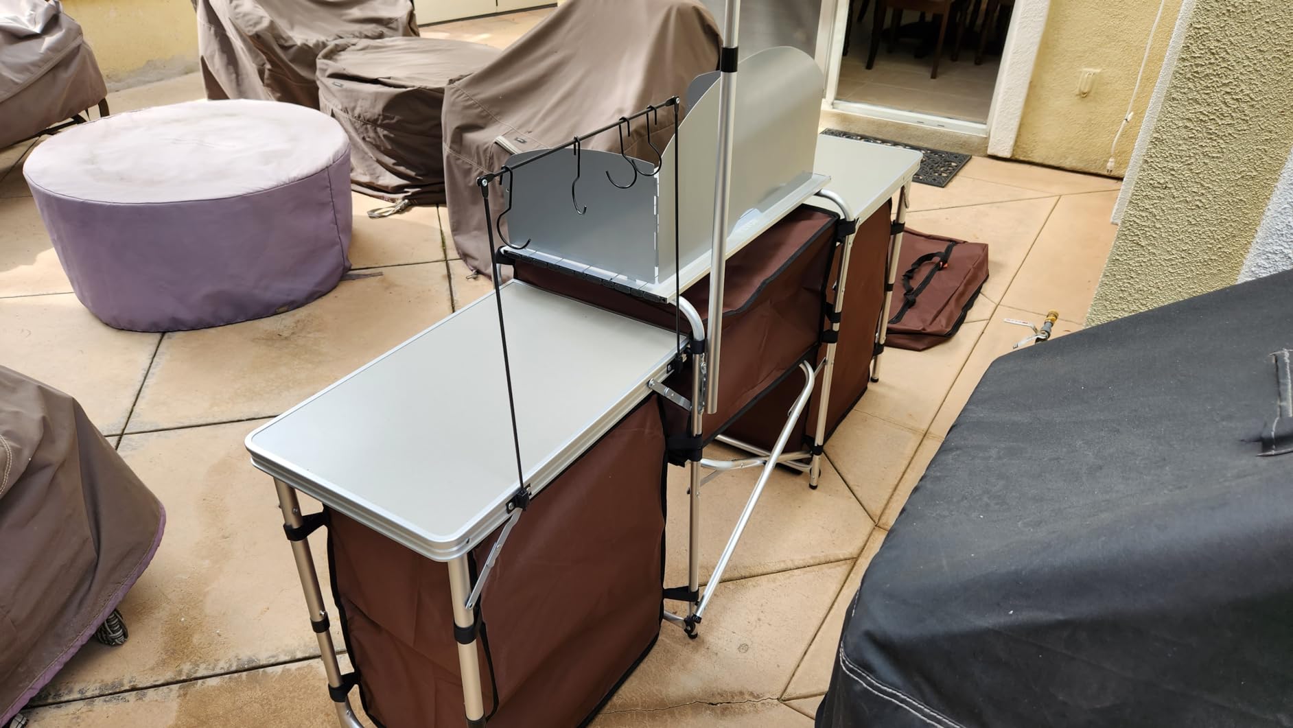 VEVOR Camping Kitchen Table, Folding Outdoor Cooking Table with Storage Carrying Bag, Aluminum Cook Station 3 Cupboard & Detachable Windscreen, Quick Set-up for Picnics, BBQ, RV Traveling, Black customer photo 2