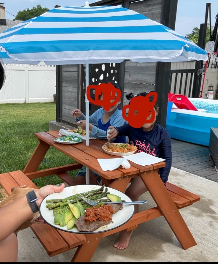 Best Choice Products Wooden Kids Picnic Table with Umbrella, Outdoor Activity Table Set with Built-in Benches, 220 lb Capacity per Bench - Aqua customer photo 2
