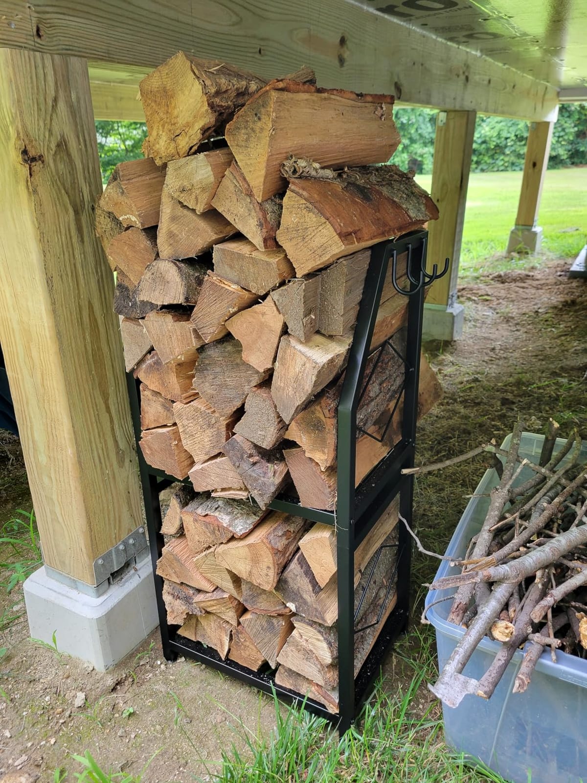 VyGrow Firewood Rack for Indoor, 2-Tier Firewood Holder with 3 Hanging Hooks, Heavy Duty Wood Rack for Outdoor Patio, Black customer photo 1