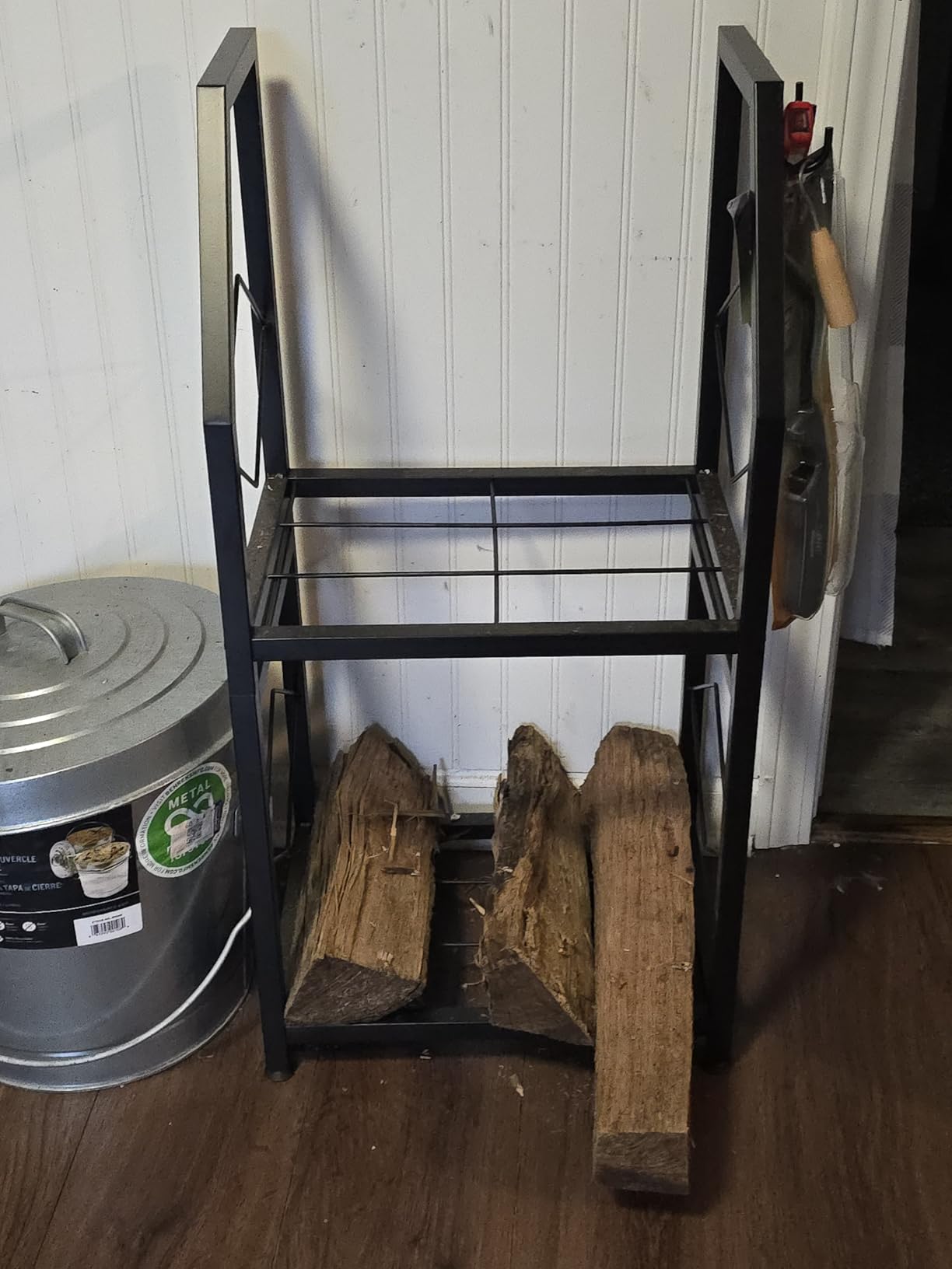 VyGrow Firewood Rack for Indoor, 2-Tier Firewood Holder with 3 Hanging Hooks, Heavy Duty Wood Rack for Outdoor Patio, Black customer photo 2