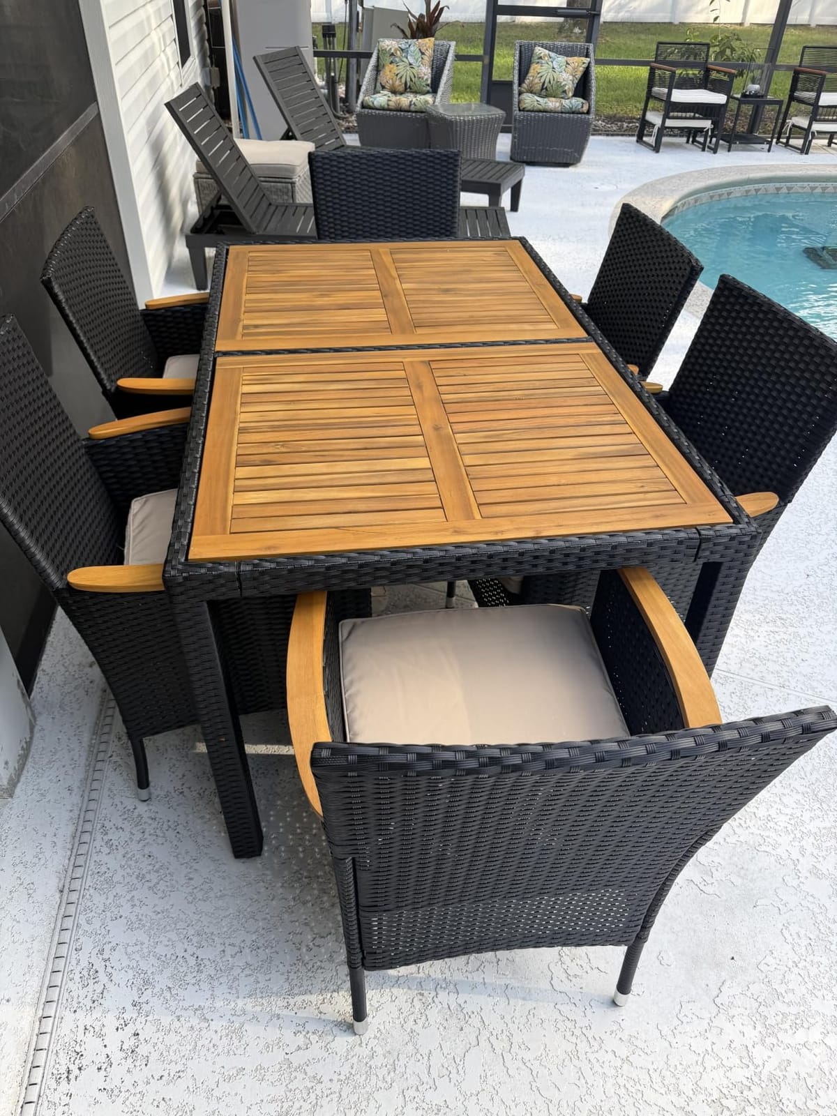 Devoko 7 PCS Acacia Wood Patio Dining Set, Gray Rattan customer photo 2