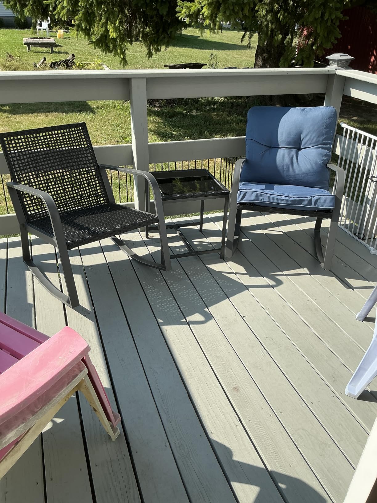 Bistro 3 Piece Patio Furniture Set, Patio Table and Rattan Outdoor Rocking Chairs Set of 2, Outdoor Bistro Conversation Set for Garden, Balcony, Poolside, Backyard, Blue customer photo 1