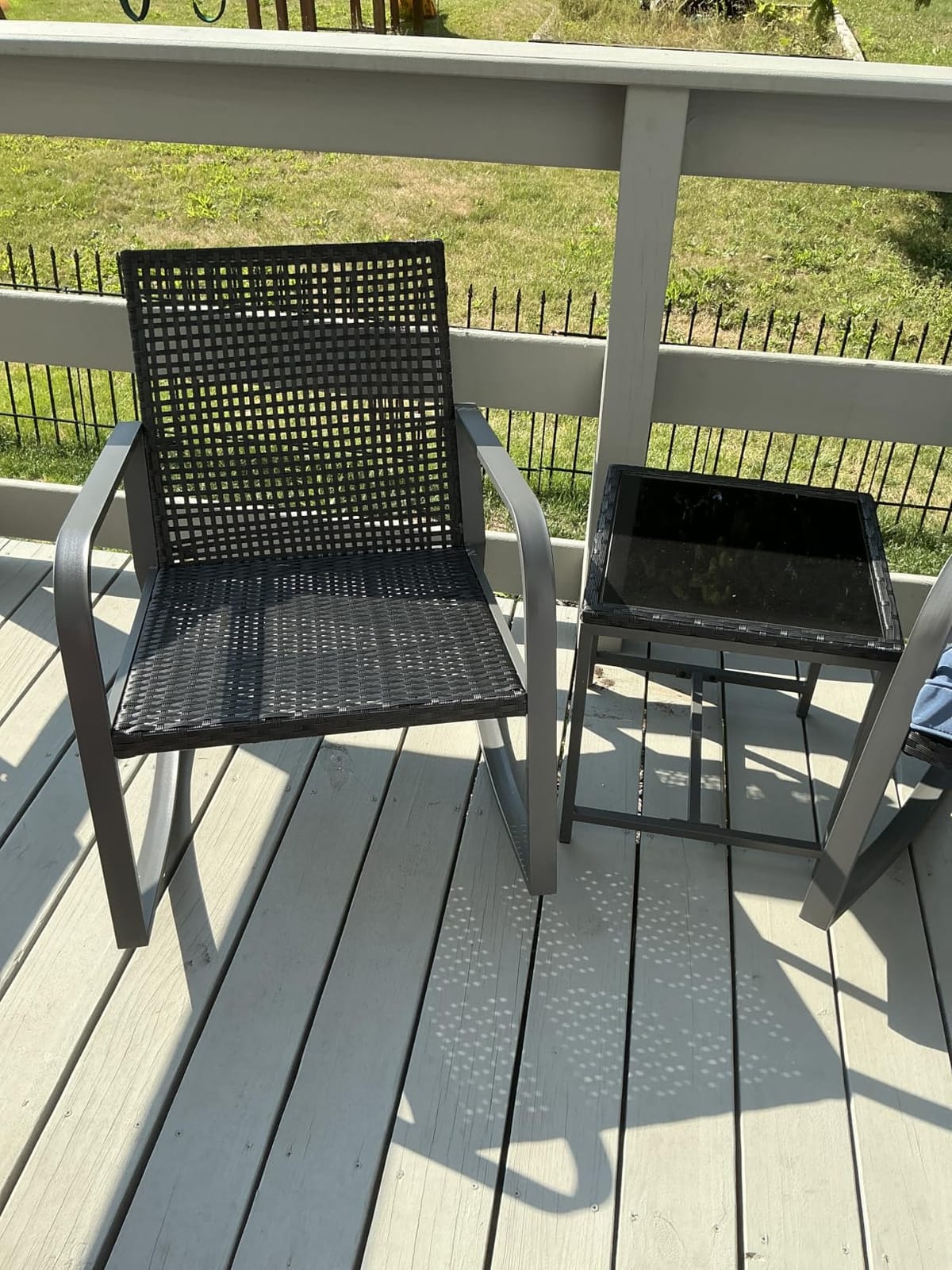 Bistro 3 Piece Patio Furniture Set, Patio Table and Rattan Outdoor Rocking Chairs Set of 2, Outdoor Bistro Conversation Set for Garden, Balcony, Poolside, Backyard, Blue customer photo 2