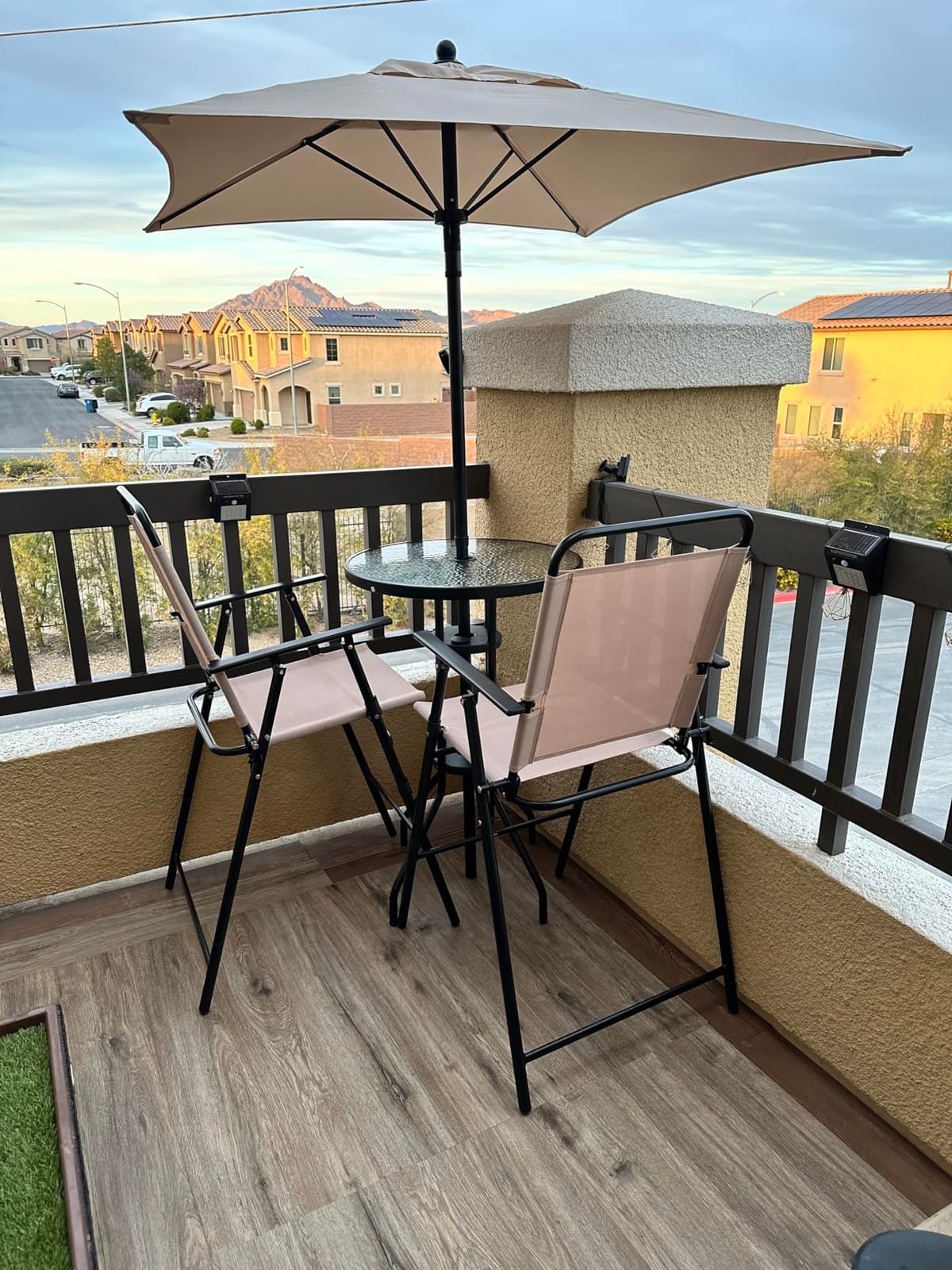 GIANTEX 4-Piece Outdoor Bar Set, Round High Top Bar Table with 2 Folding Counter Height Chairs & Umbrella, Patio Bistro Table Set with Tempered Glass Top for Garden Porch Poolside, Beige customer photo 2