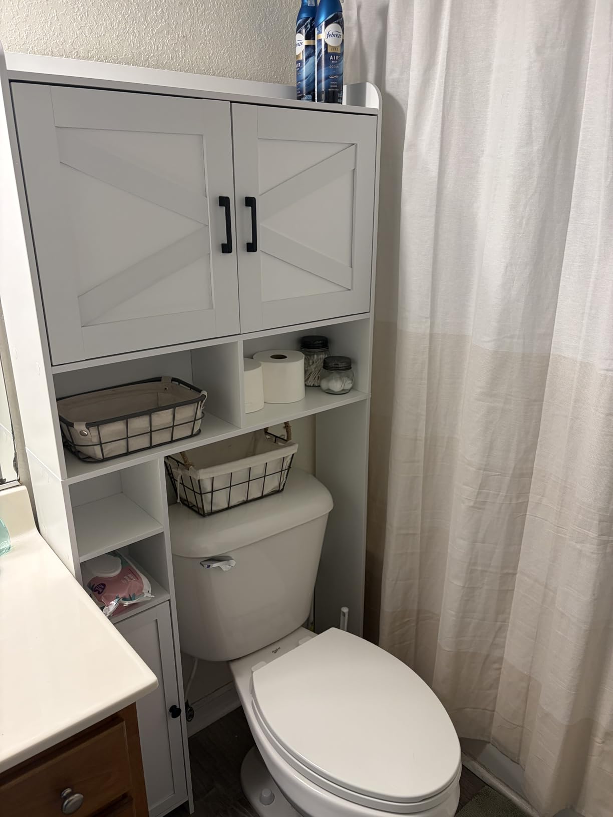 Homhedy Wooden Over The Toilet Storage Cabinet with Barn Door | Freestanding Bathroom Storage, Toilet Paper Holder, Adjustable Shelf, Space-Saving, Farmhouse Style, White customer photo 2