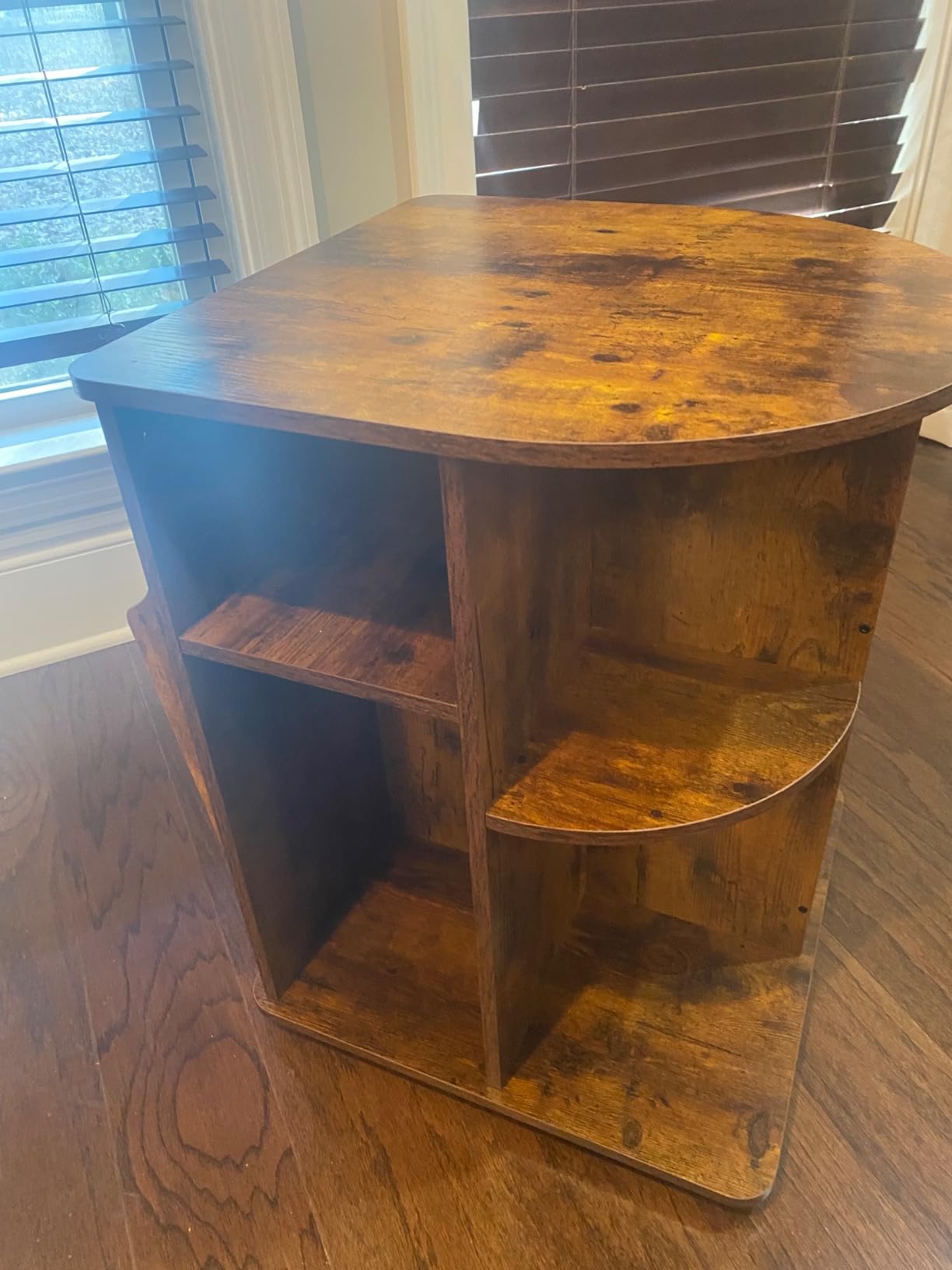 TooCust Rotating End Table with Storage, Swivel Side Table for Living Room | Rotating Side Table with Magazine Holder, Basket, Open Shelf and Cabinet, Round End Table with Rotating Base, Rustic Brown customer photo 1