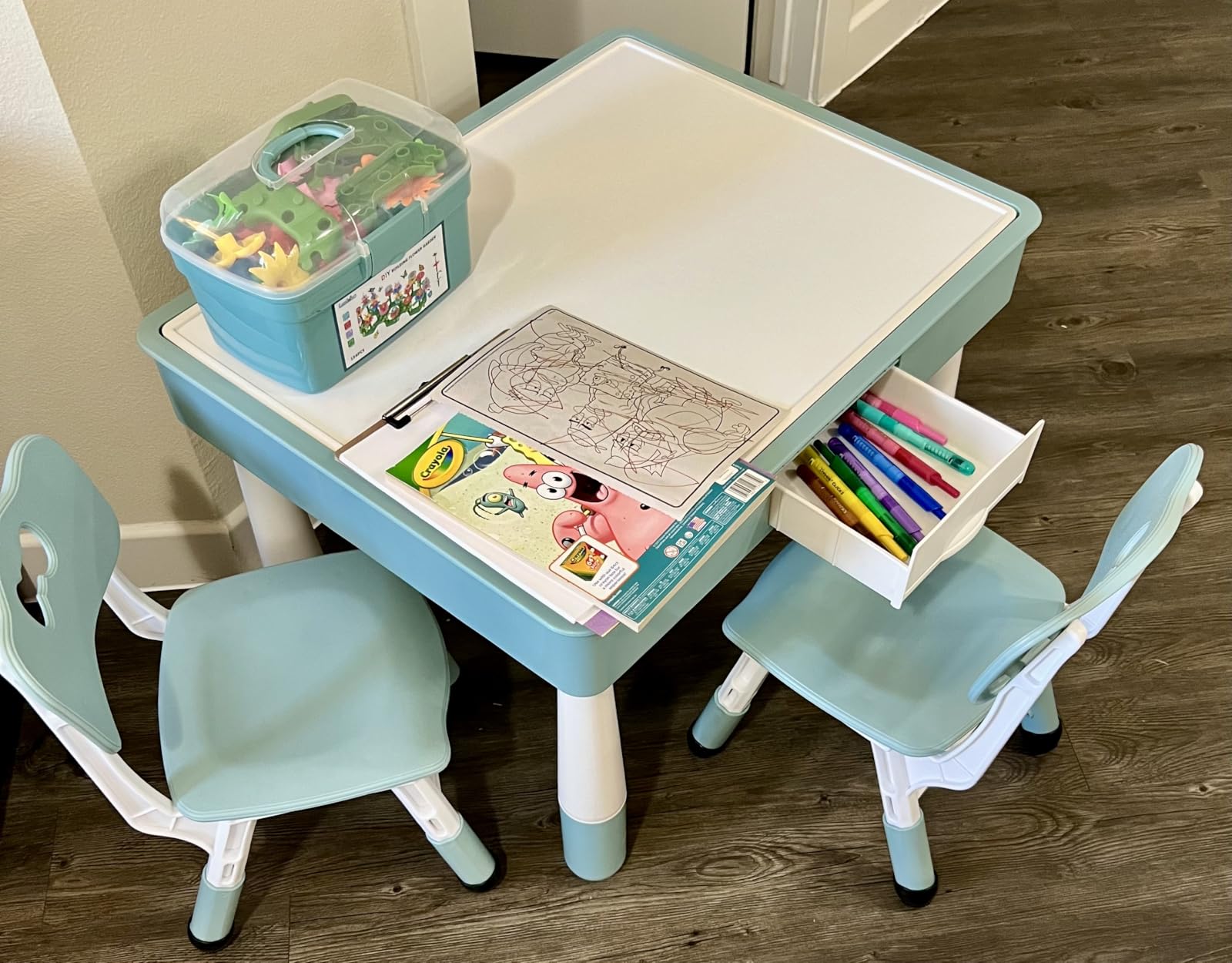 DOREROOM Kids Table & 2 Chairs Set, Double-Sided with Storage, Grayish Blue customer photo 1