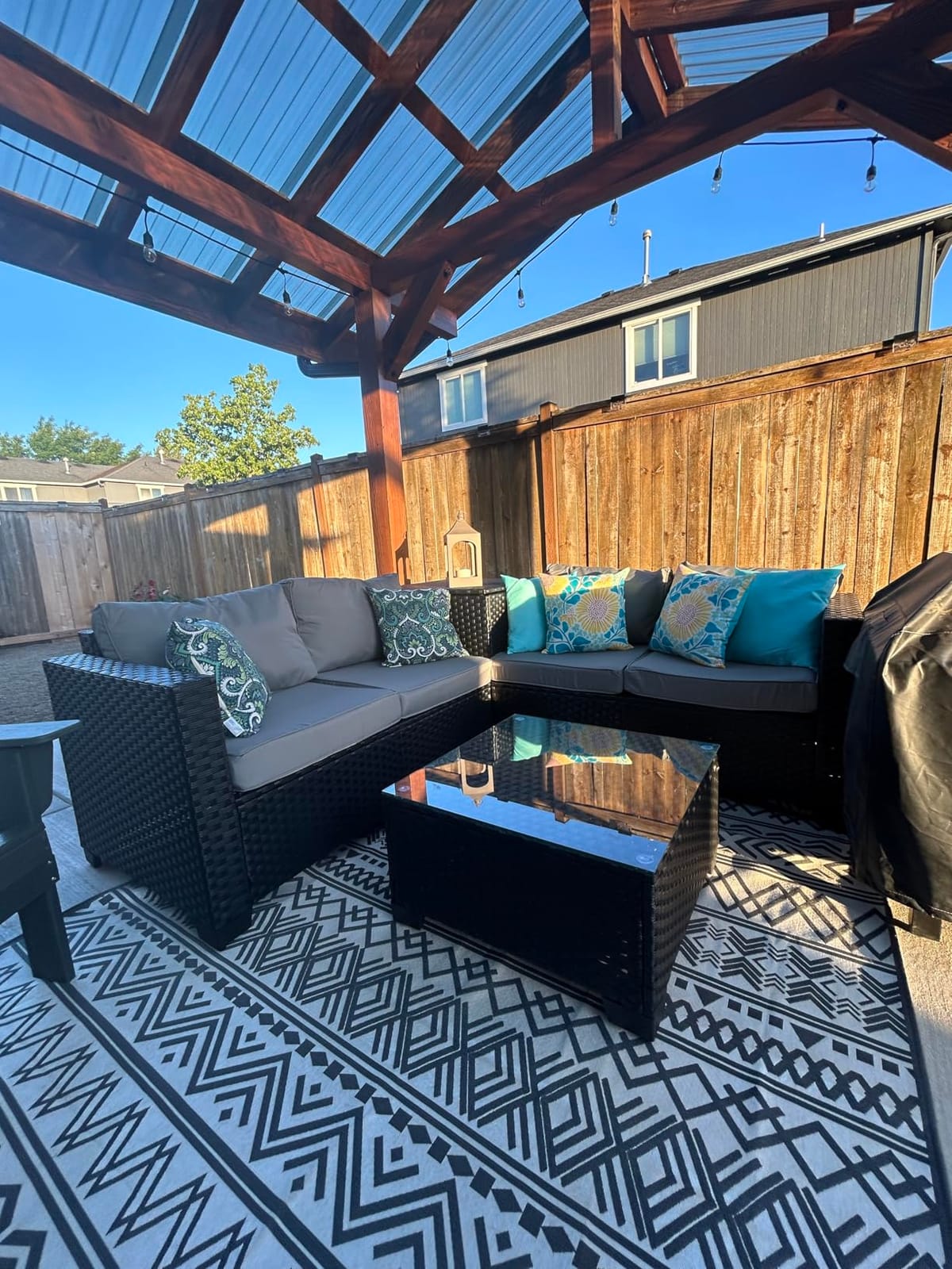 WAROOM Patio Furniture Set 4 Piece Conversation Sets Brown Rattan Outdoor Couch Loveseat Wicker Sectional Sofa with Storage Box Glass Top Table, Khaki Cushion customer photo 1