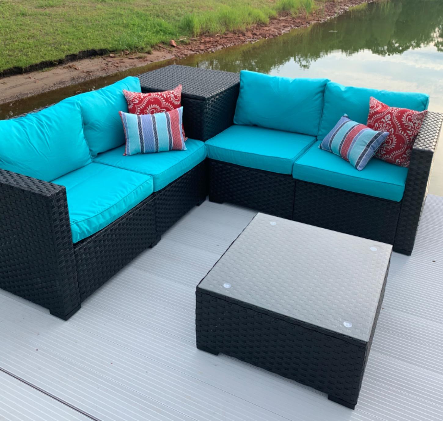 WAROOM Patio Furniture Set 4 Piece Conversation Sets Brown Rattan Outdoor Couch Loveseat Wicker Sectional Sofa with Storage Box Glass Top Table, Khaki Cushion customer photo 2