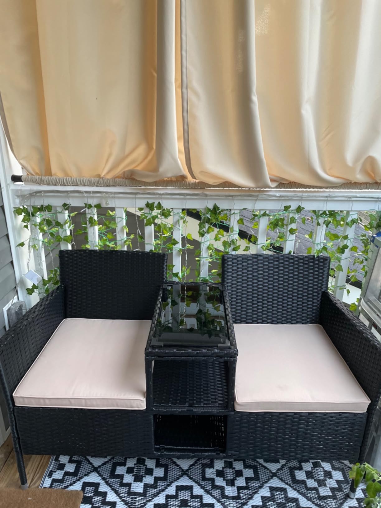 Devoko Outdoor Patio Loveseat Rattan 2-Seat Patio Conversation Set, Beige | Porch Furniture Wicker Bench with Cushions & Built-in Coffee Table for Garden Lawn Backyard customer photo 2