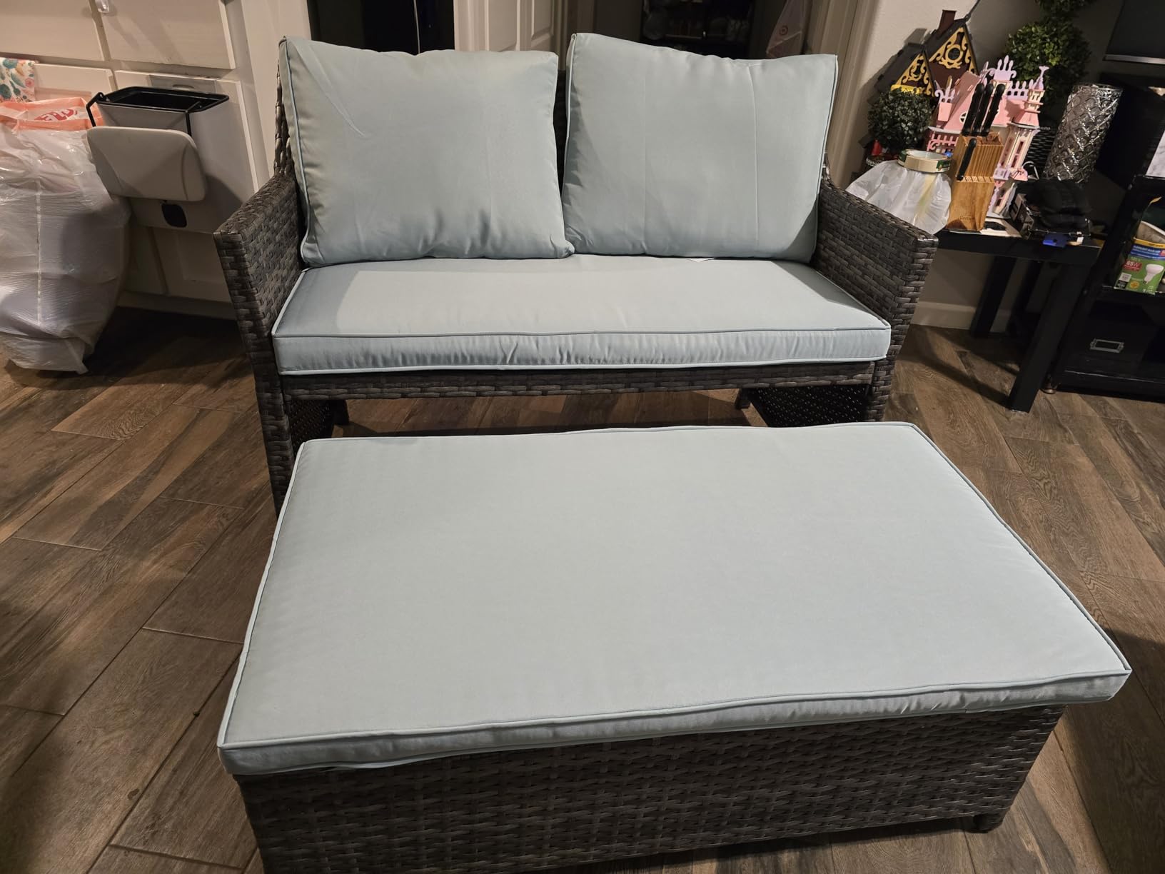 OC Orange-Casual Wicker Outdoor Loveseat w/Storage Ottoman, 2 Pcs, Green | 2-Seat Outdoor Couch w/Soft Cushions & Built-in Storage Table customer photo 2