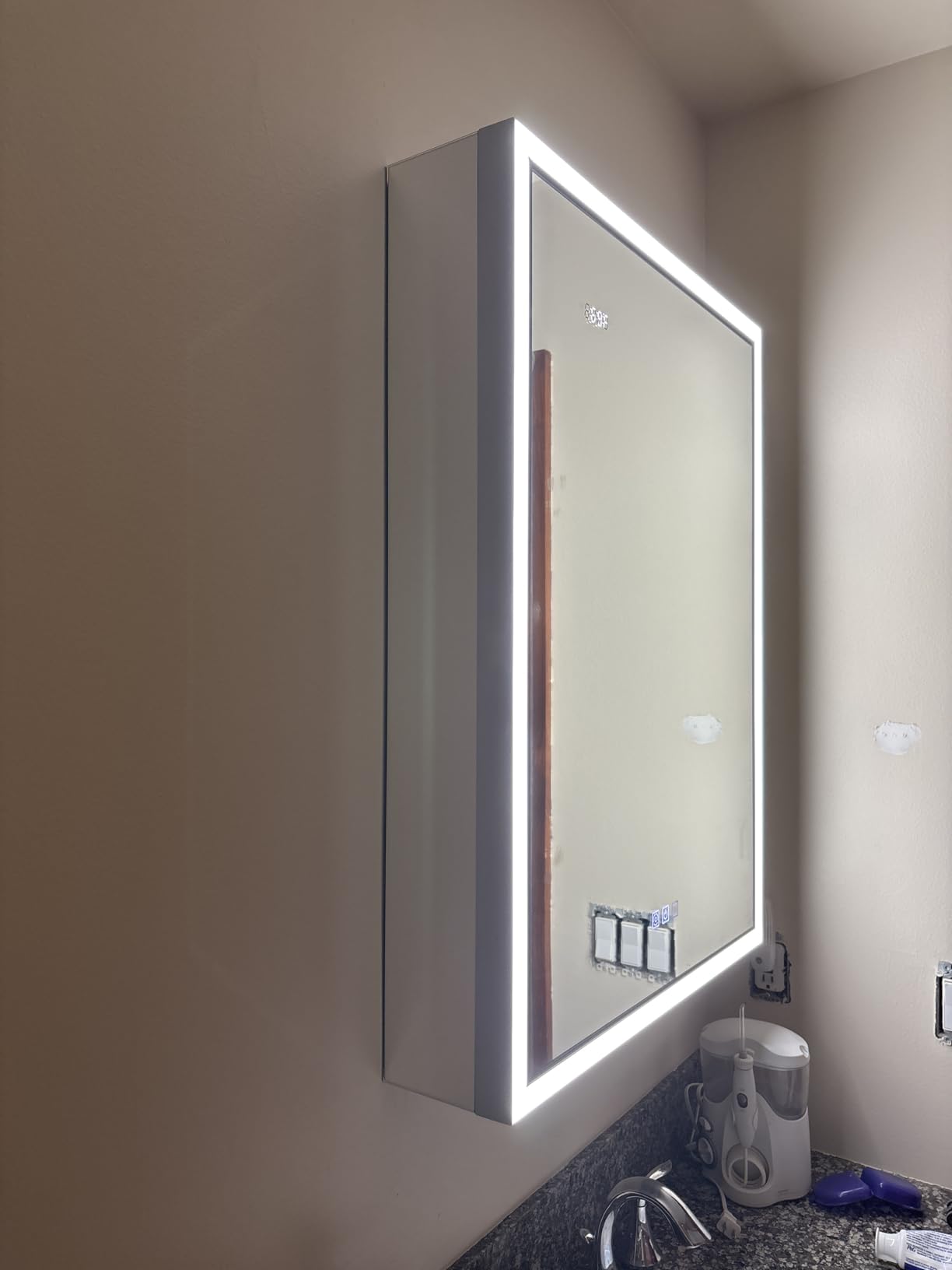 Lighted Medicine Cabinet with Mirror & Clock -20x26 Surface or Recessed Aluminum Medicine Cabinet with Dimmable Light & Outlet, Anti-Fog, Built-in Sensing Light, Assembly-Free customer photo 2