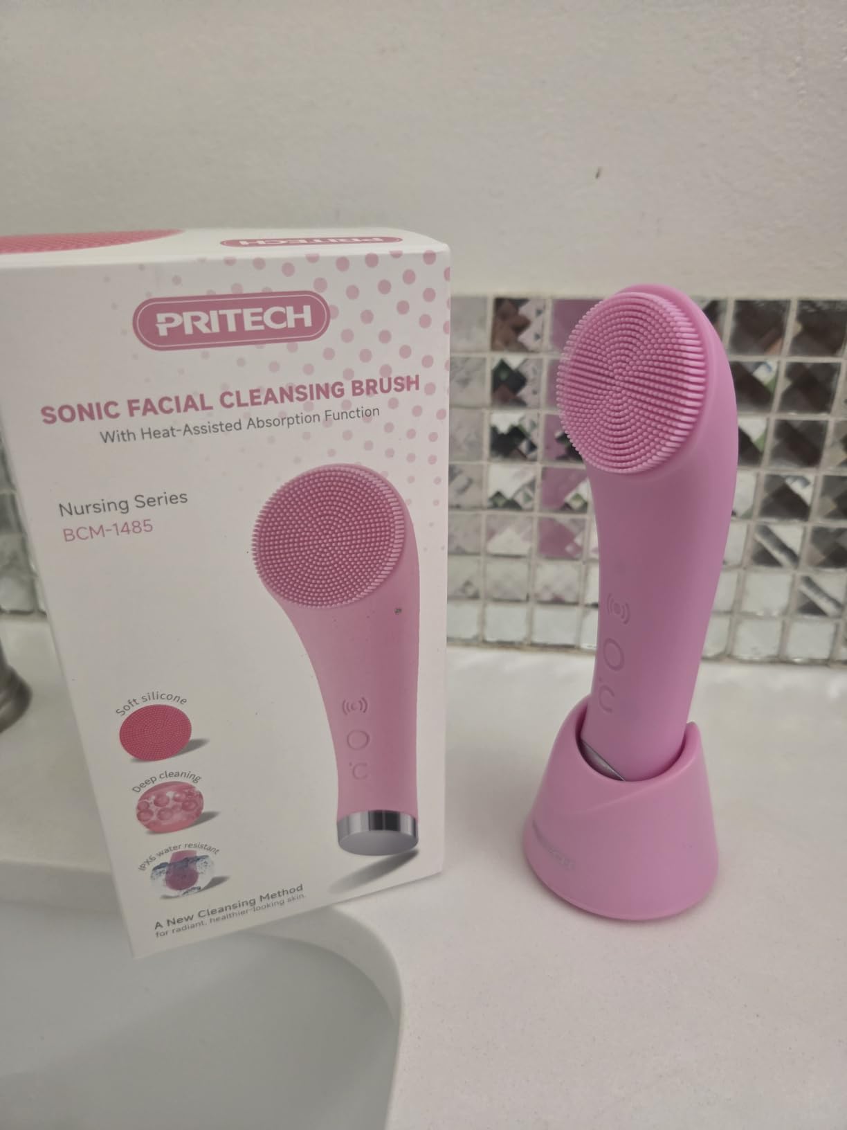 PRITECH Facial Cleansing Brush, Rechargeable Silicone Face Scrubber with Heat Massage End, Vibrating Exfoliator Scrubber for Deep Cleaning, Waterproof Face Brush for Women and Men (Pink) customer photo 1