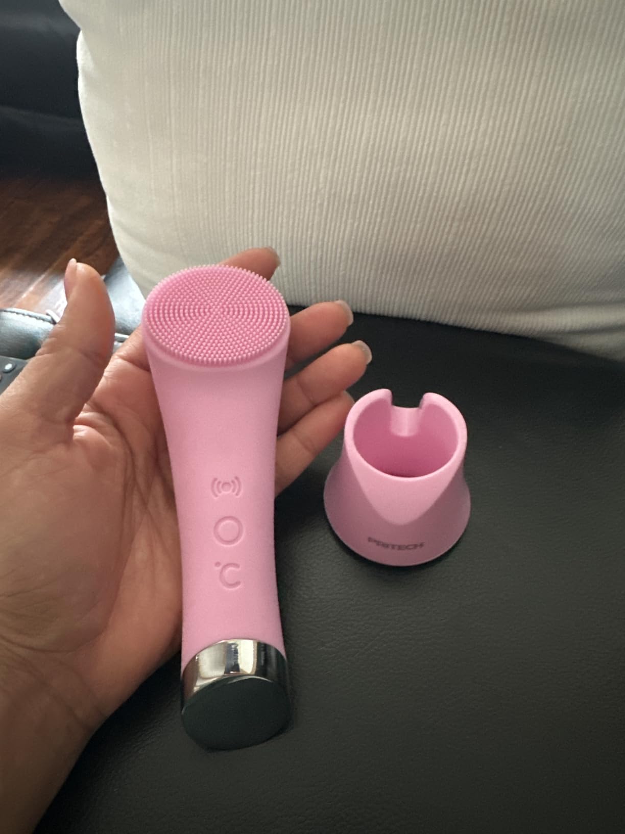 PRITECH Facial Cleansing Brush, Rechargeable Silicone Face Scrubber with Heat Massage End, Vibrating Exfoliator Scrubber for Deep Cleaning, Waterproof Face Brush for Women and Men (Pink) customer photo 2