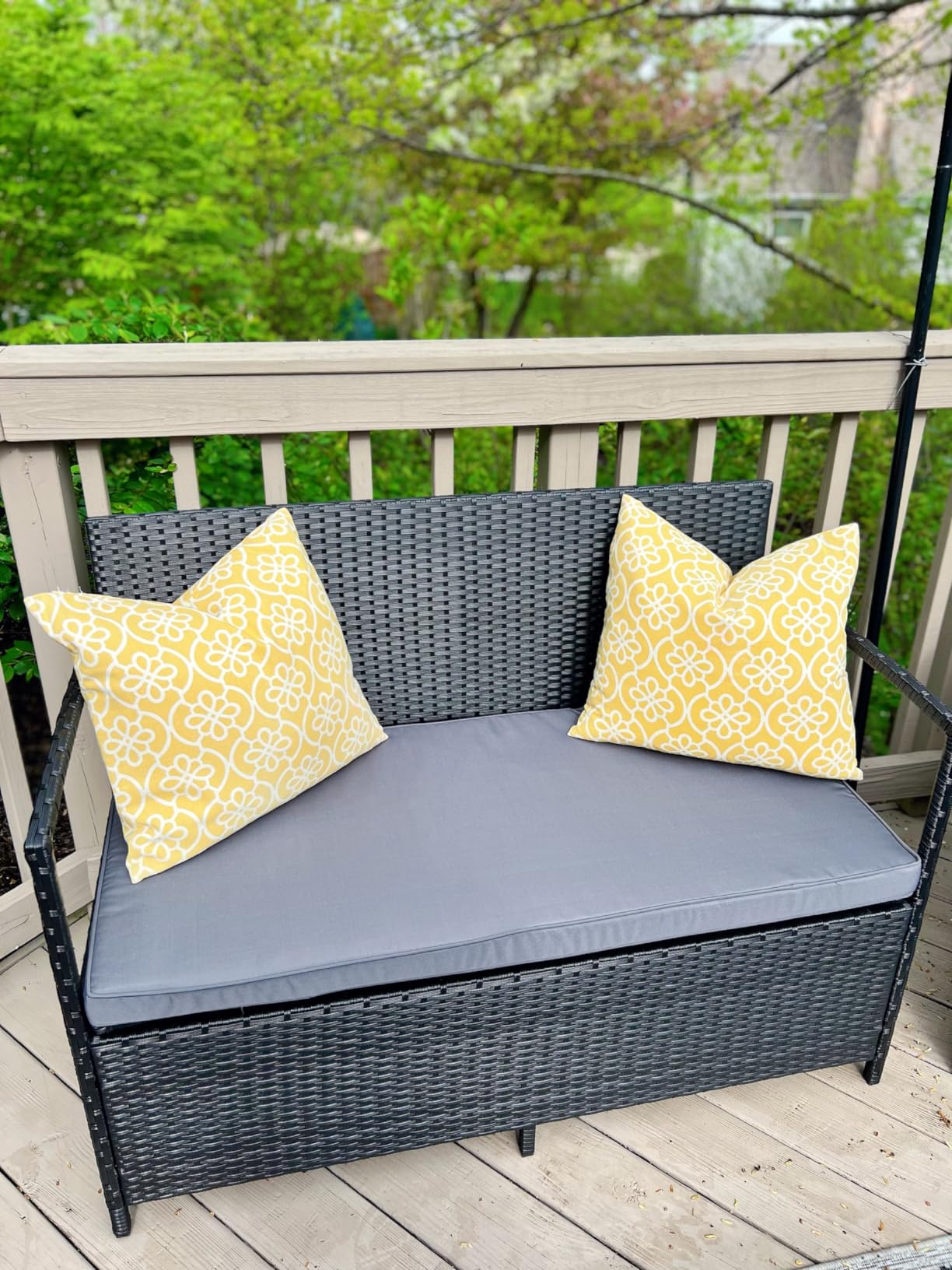 Flamaker Patio Loveseat Wicker Outdoor Furniture Storage Bench, Black | All Weather Rattan Conversation Bench Chair with Large Storage Capacity and Cushions for Backyard, Outside Patio Porch customer photo 1