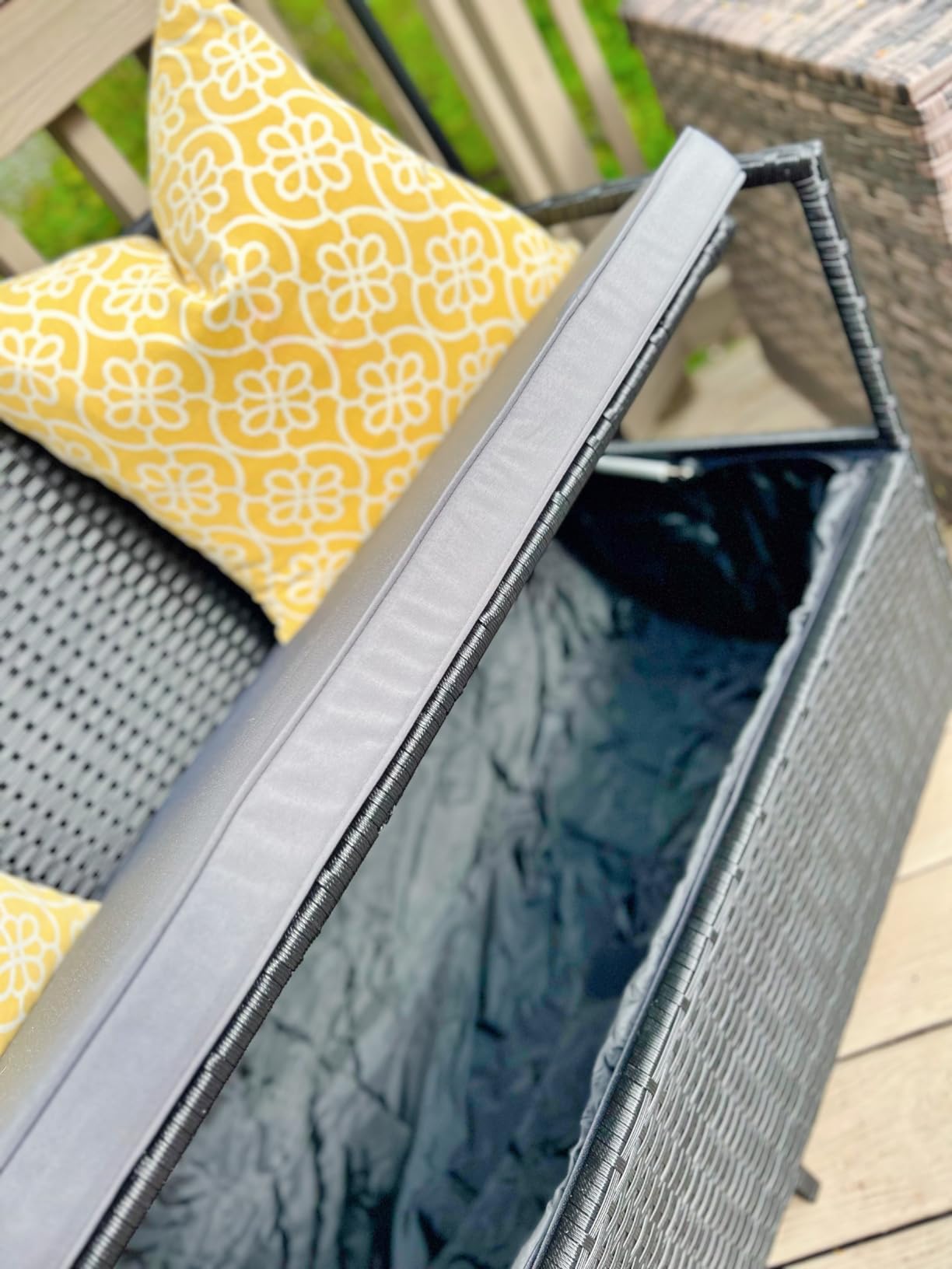 Flamaker Patio Loveseat Wicker Outdoor Furniture Storage Bench, Black | All Weather Rattan Conversation Bench Chair with Large Storage Capacity and Cushions for Backyard, Outside Patio Porch customer photo 2