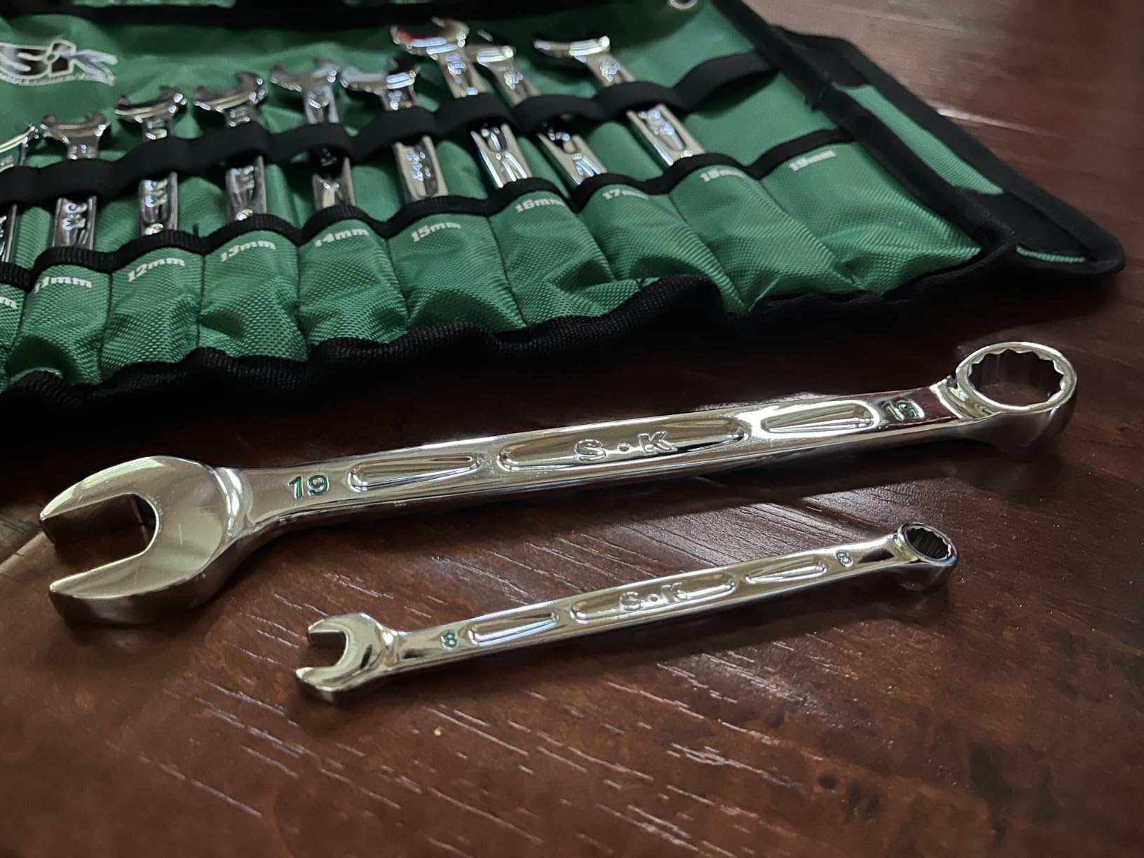 SK Combination Wrench Set, SAE 5/16''-3/4'', Metric 8-19mm, 23-Piece | 12-Point, SureGrip Drive Design, 15-Degree Offset End, Drop Forged CR-V Steel, SuperKrome Finish, with Rolling Pouch customer photo 1
