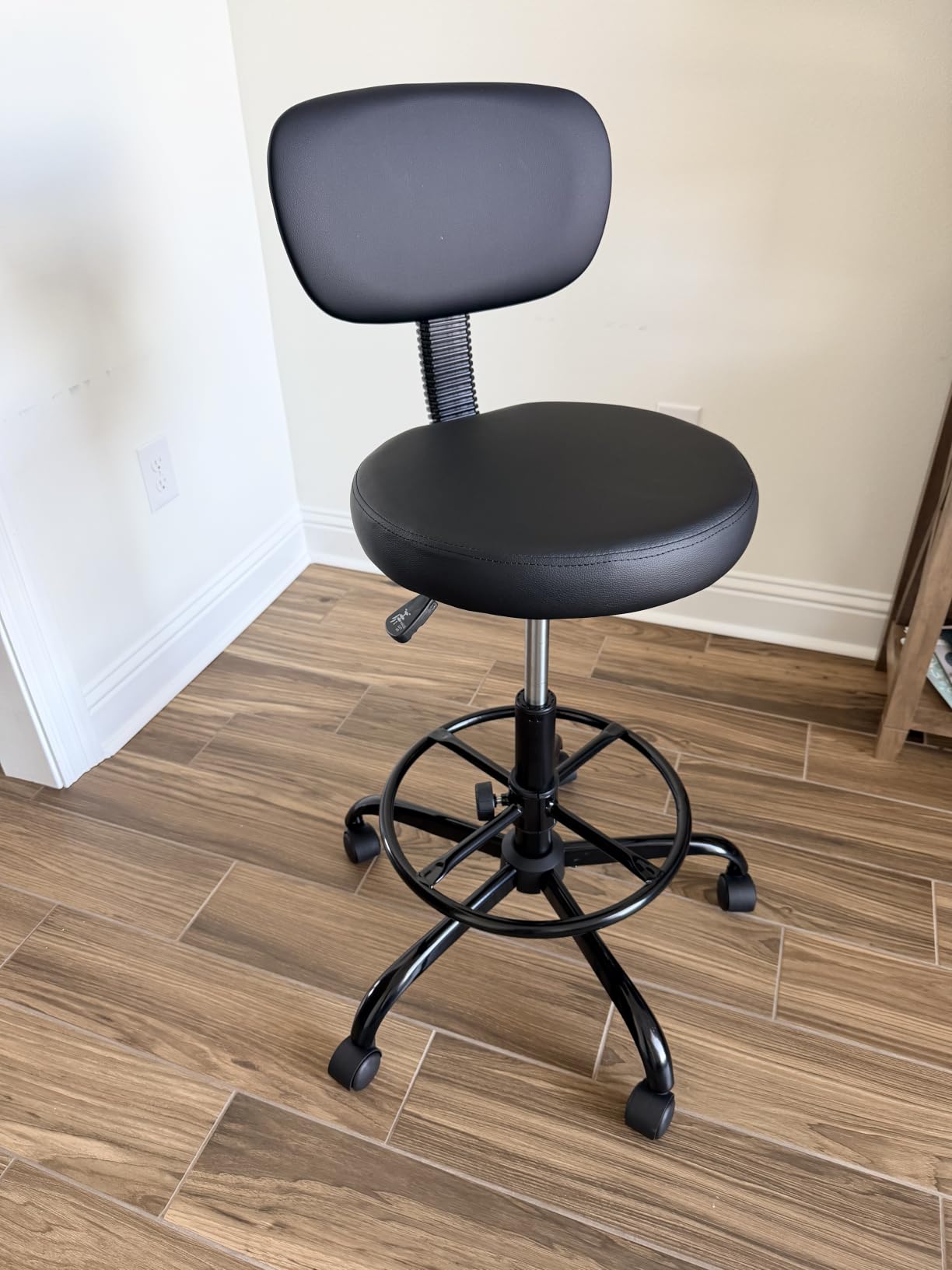 Brick Attic Drafting Chair with Backrest – Adjustable Foot Rest Rolling Stool with Wheels, PU Leather Swivel Stool for Office Spa Studio Lab Counter Salon Home Work Bar Kitchen Shop(Black) customer photo 1