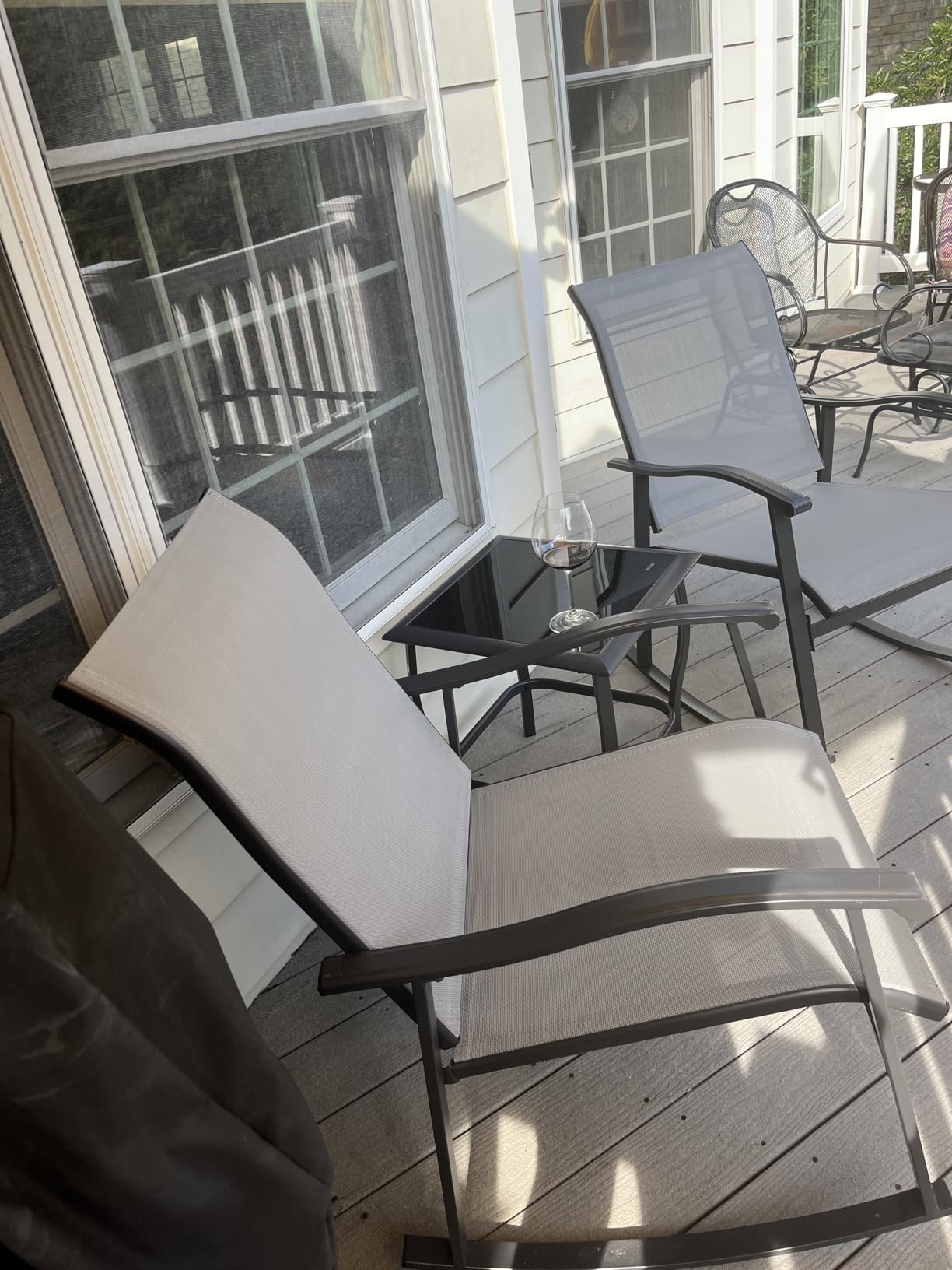 Shintenchi Rocking Chair Outdoor with Table, 3 Piece Rocking Patio Bistro Set, Outdoor Furniture Set with Metal Frame and Textilene Fabric for Small Space, Brown customer photo 2