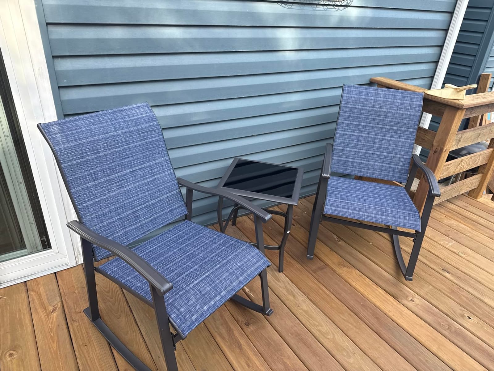 Shintenchi 3 Piece Rocking Bistro Set, Outdoor Furniture with Rocker Chairs and Glass Coffee Table Balcony, Porch Furniture for Small Space, Gray customer photo 1