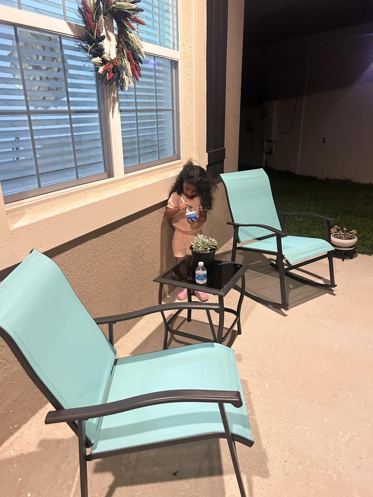 Shintenchi 3 Piece Rocking Bistro Set, Outdoor Furniture with Rocker Chairs and Glass Coffee Table Balcony, Porch Furniture for Small Space, Gray customer photo 2