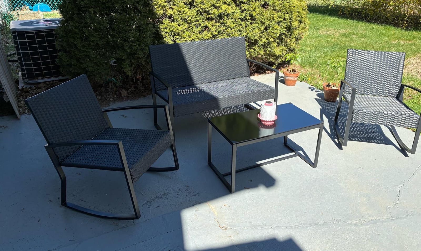Ahomly 4 Piece Outdoor Patio Furniture Set, Wicker Patio Furniture with Glass Coffee Table, Rocking Wicker Bistro Set, for Backyard, Poolside, Porch (Grey) customer photo 2