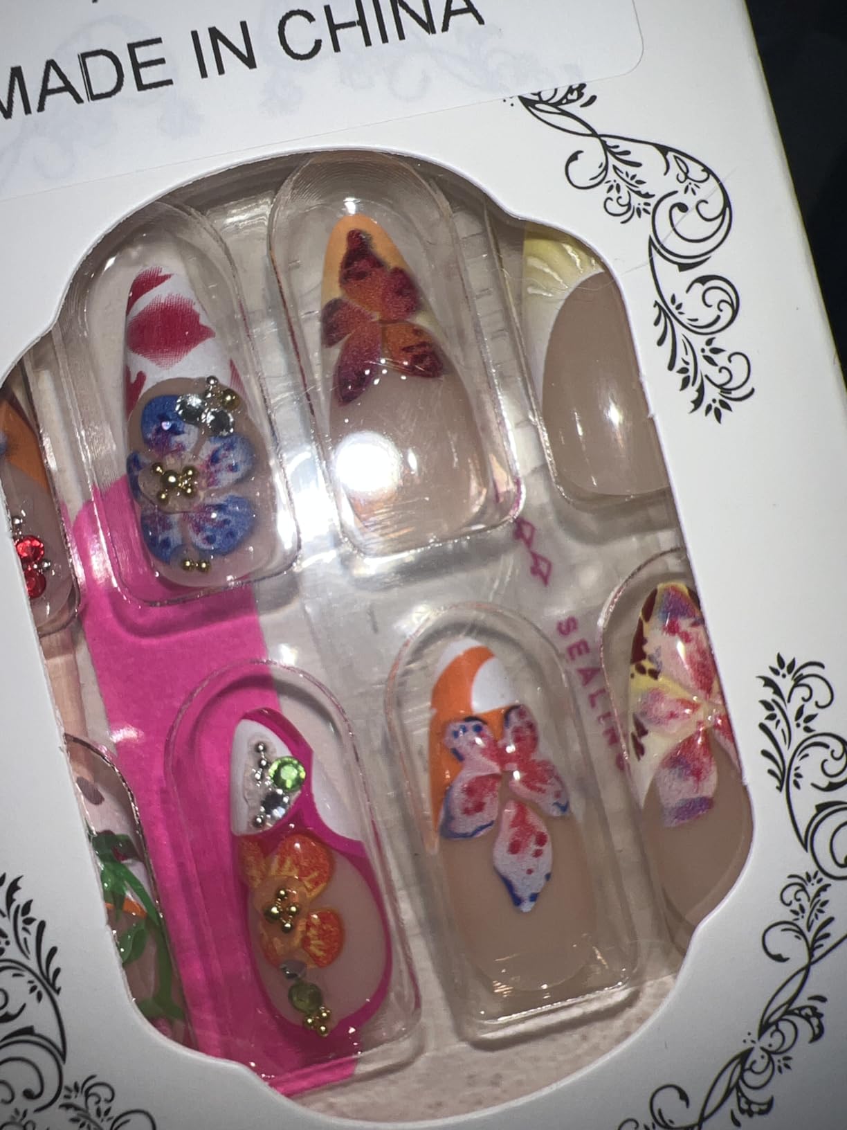 Green Press on Nails Medium Almond Fake Nails with 3D Pearl Rhinestones Designs Gold French Tips Flower Acrylic Nails False Nails White Floral Full Cover Glossy Stick on Nails for Women 24Pcs customer photo 1