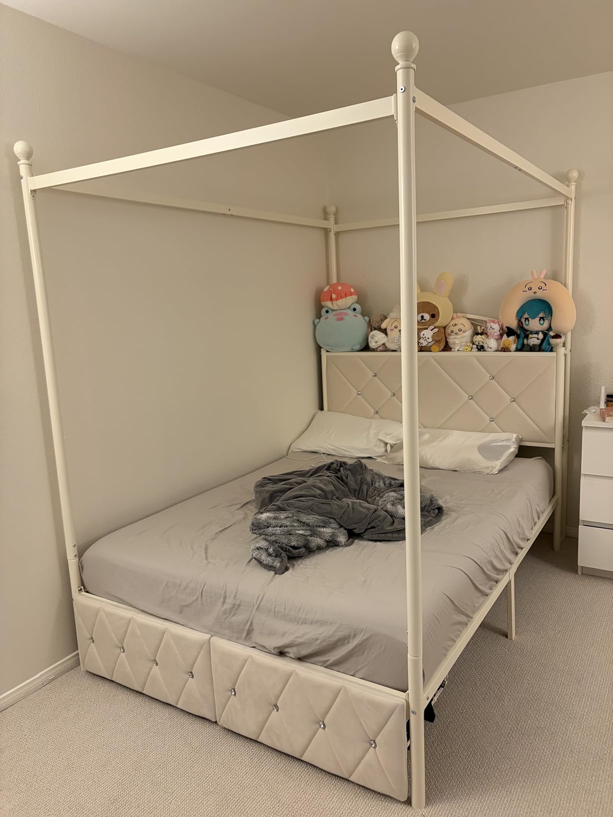 Twin Upholstered Canopy Bed Frame with Drawer & Crystal Tufted Storage Headboard Two-Purpose Metal Platform Bed with 4 Removable Posts & Charging Station Pink Princess Bed, Curtain Not Included customer photo 1